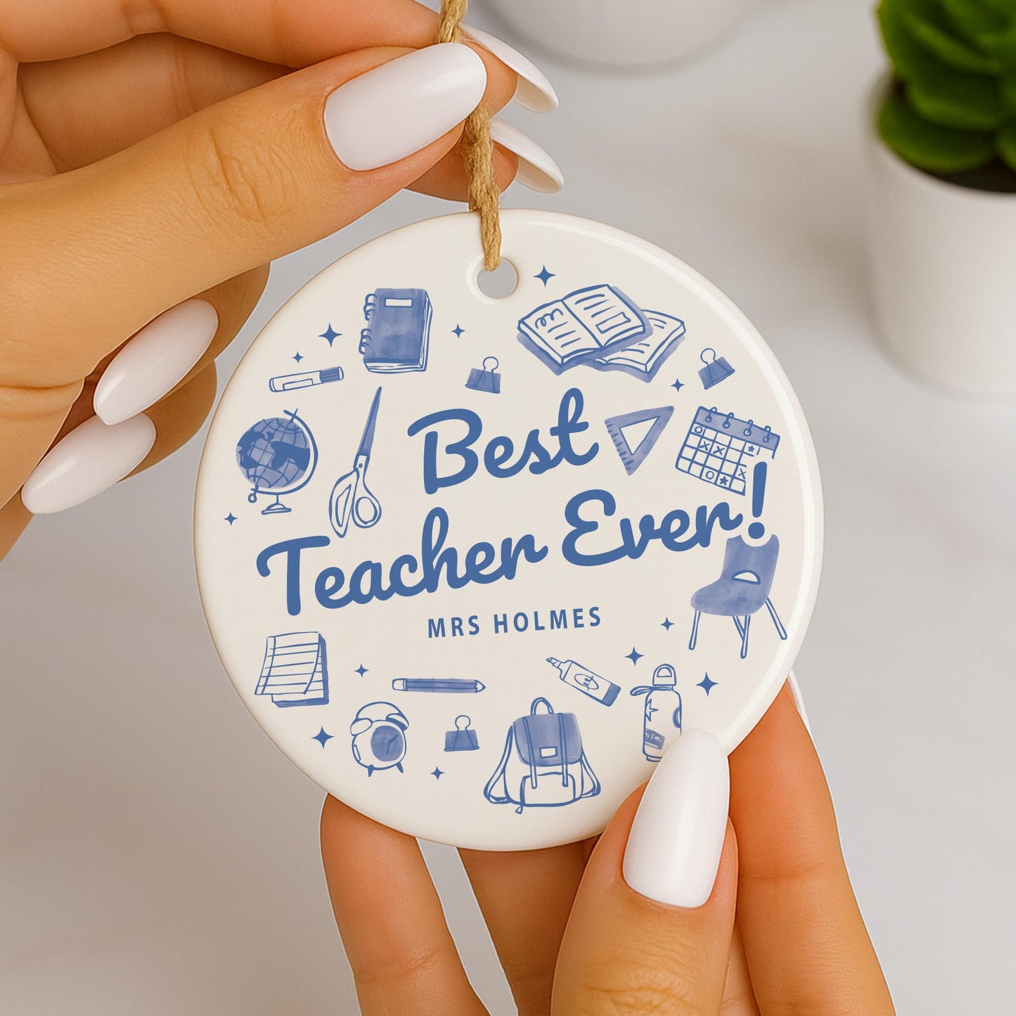 Thank You Teacher Gift  Personalised Blue Doodle Ornament with Name for Teacher Appreciation
