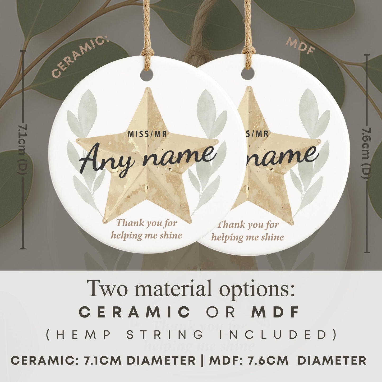 Thank You Teacher Gift  Personalised Helping Me Shine Ornament with Custom Name for Teacher Appreciation