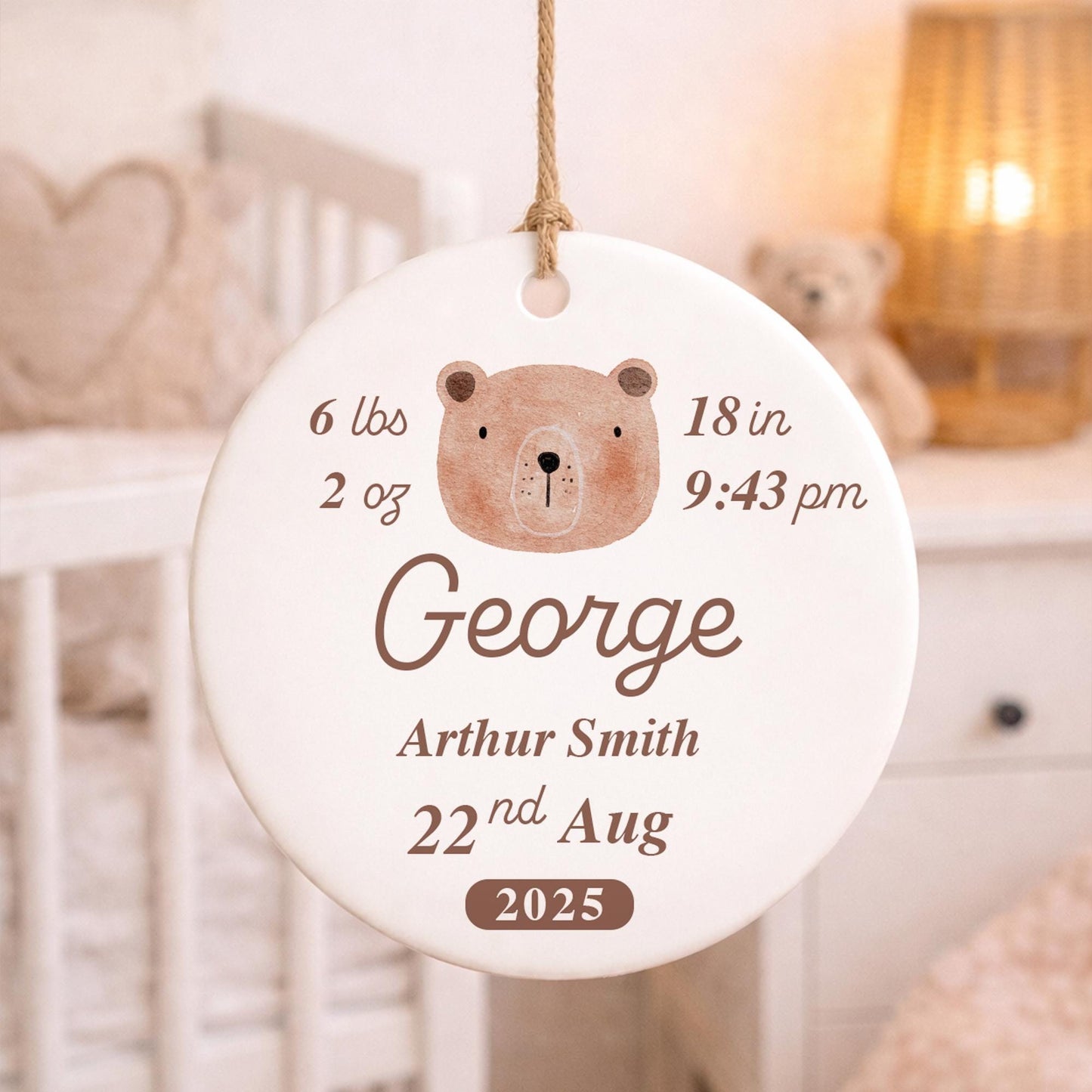 Personalised Newborn Baby Stats Ornament | Bear Birth Details Keepsake Gift | Baby Shower | Nursery Decor