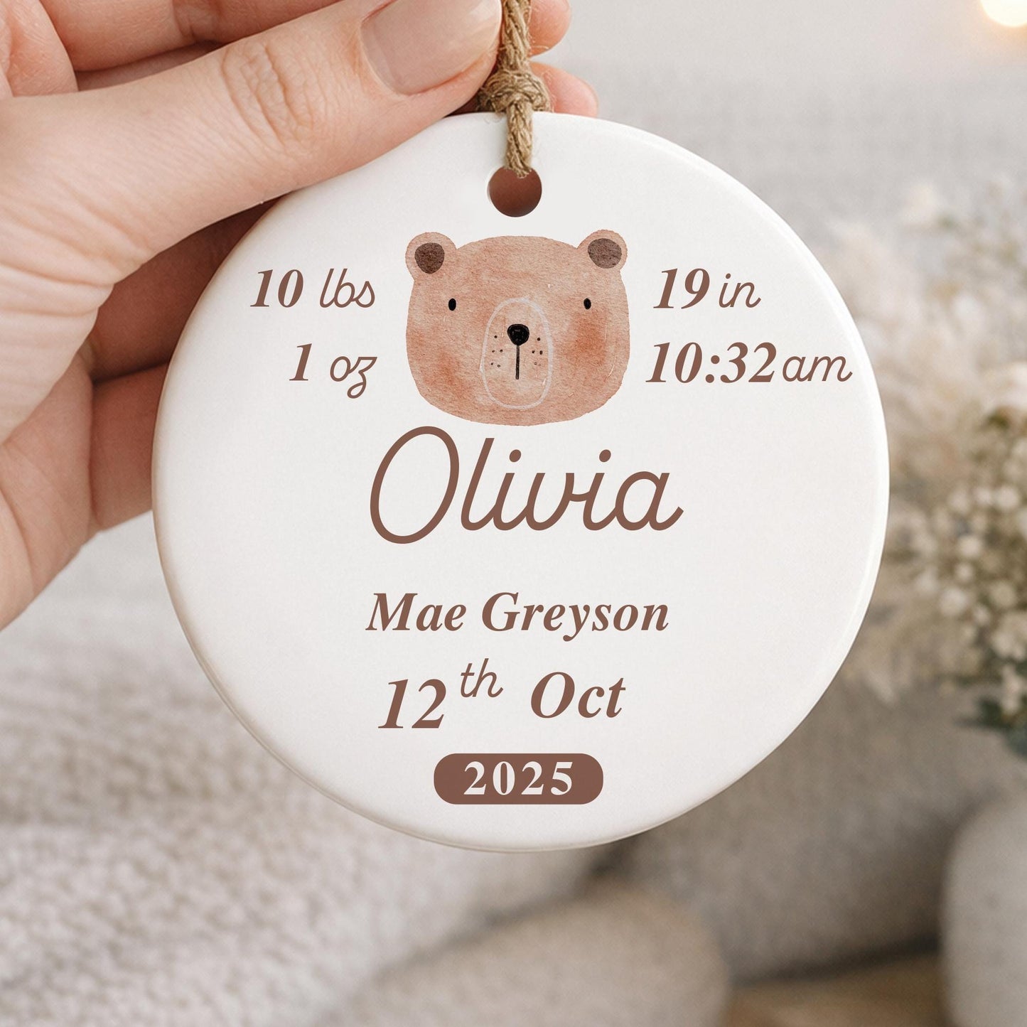 Personalised Newborn Baby Stats Ornament | Bear Birth Details Keepsake Gift | Baby Shower | Nursery Decor