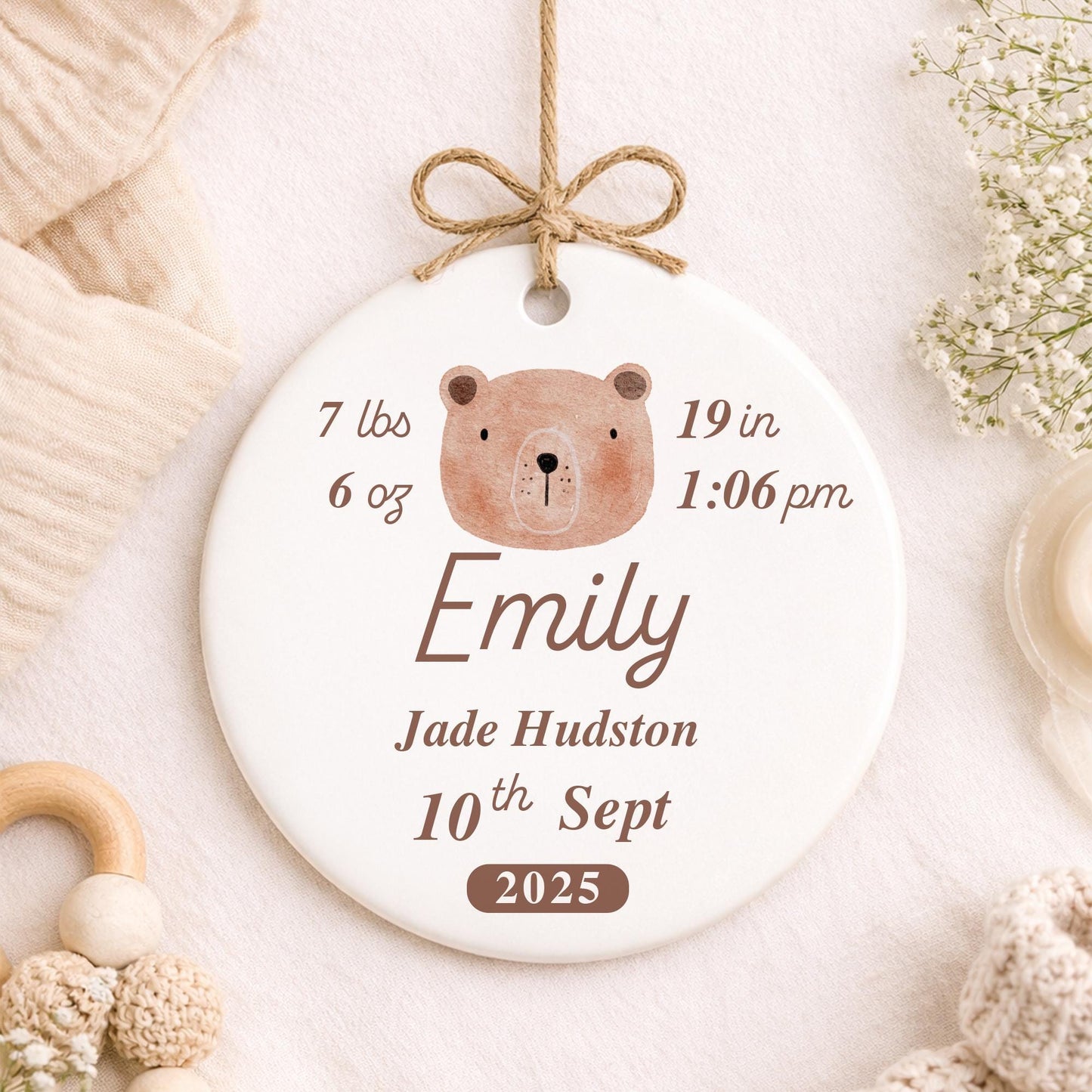 Personalised Newborn Baby Stats Ornament | Bear Birth Details Keepsake Gift | Baby Shower | Nursery Decor