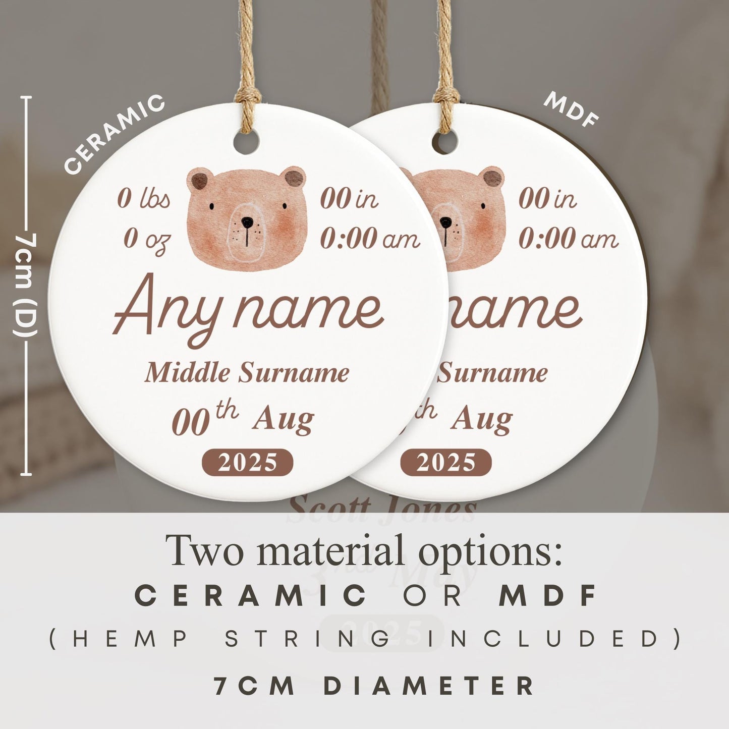 Personalised Newborn Baby Stats Ornament | Bear Birth Details Keepsake Gift | Baby Shower | Nursery Decor