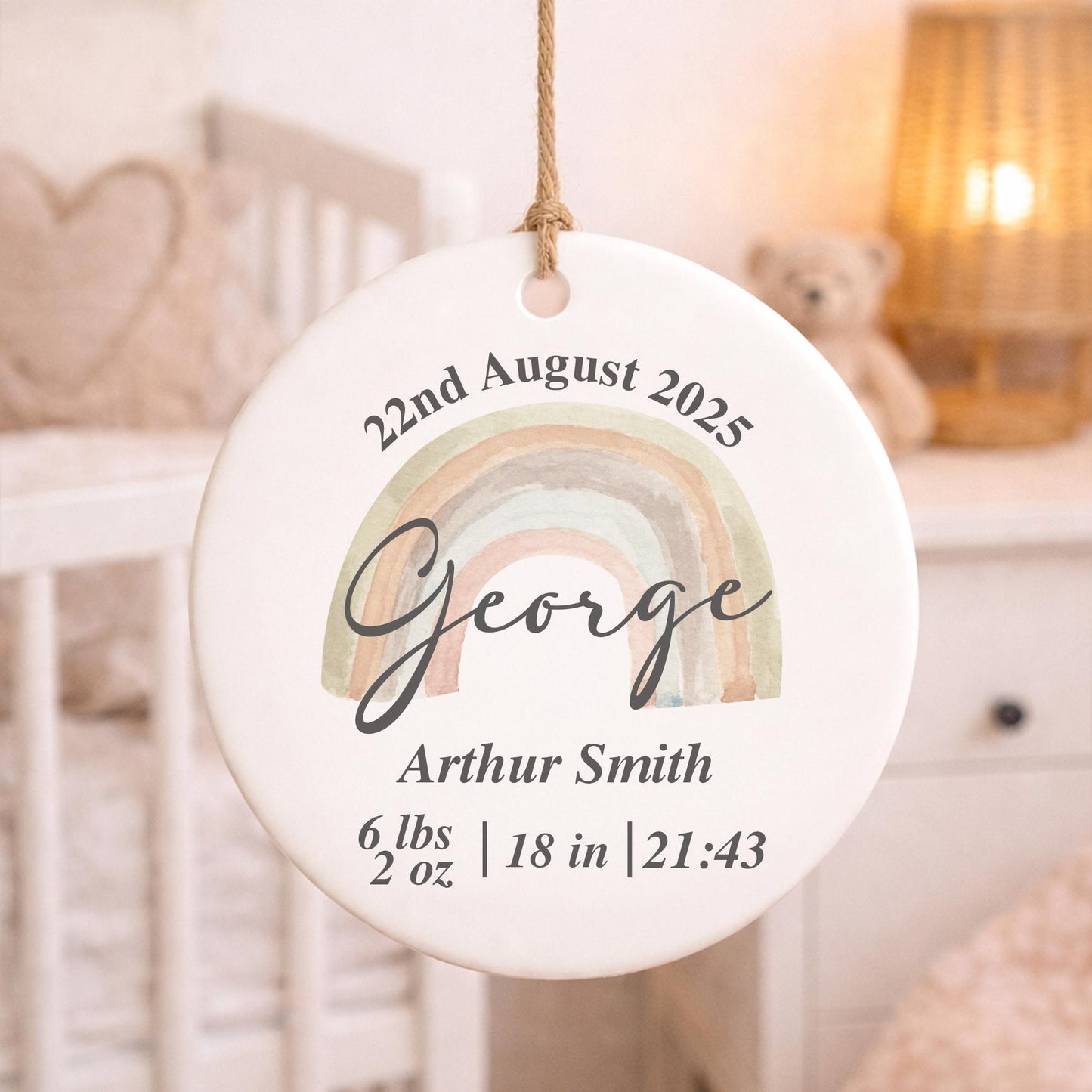 Personalised Baby Birth Stats Ornament | Rainbow New Baby Keepsake Gift | Baby Shower | Nursery Decor