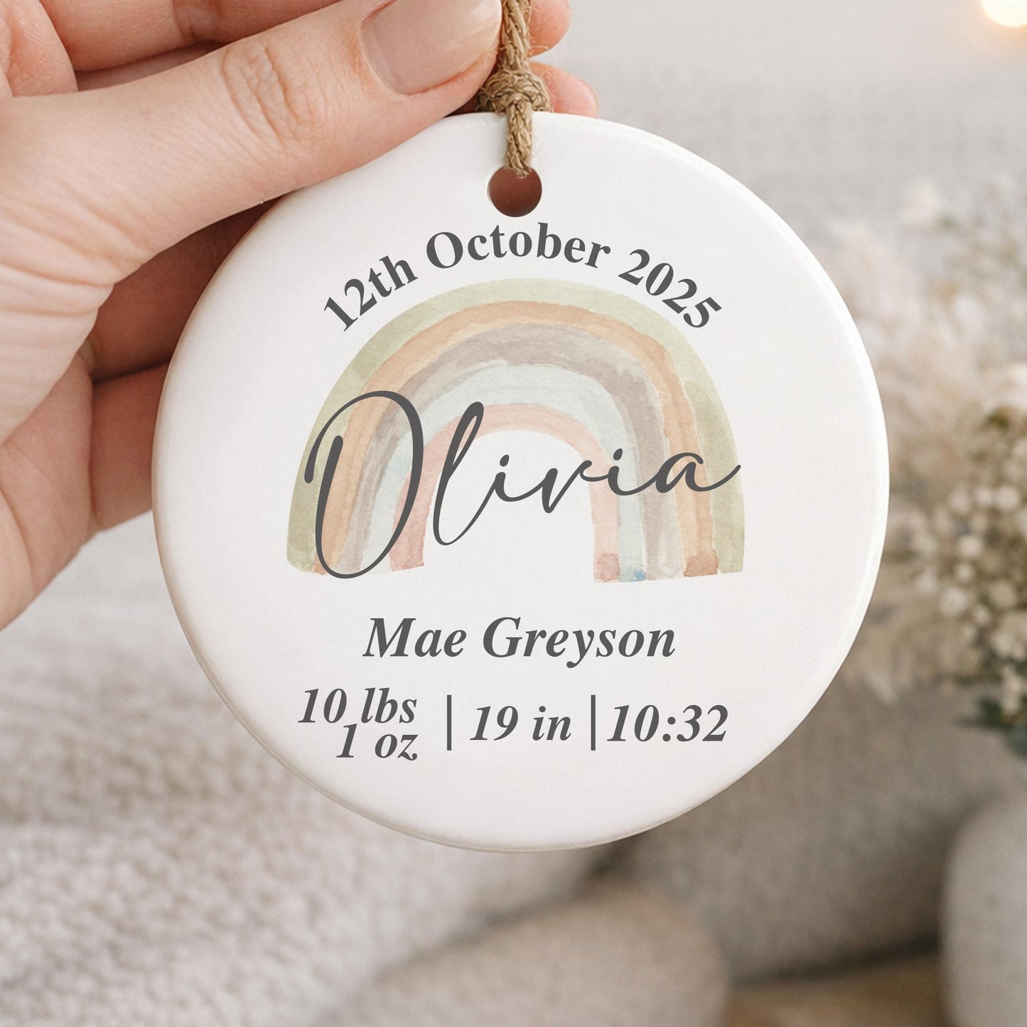 Personalised Baby Birth Stats Ornament | Rainbow New Baby Keepsake Gift | Baby Shower | Nursery Decor