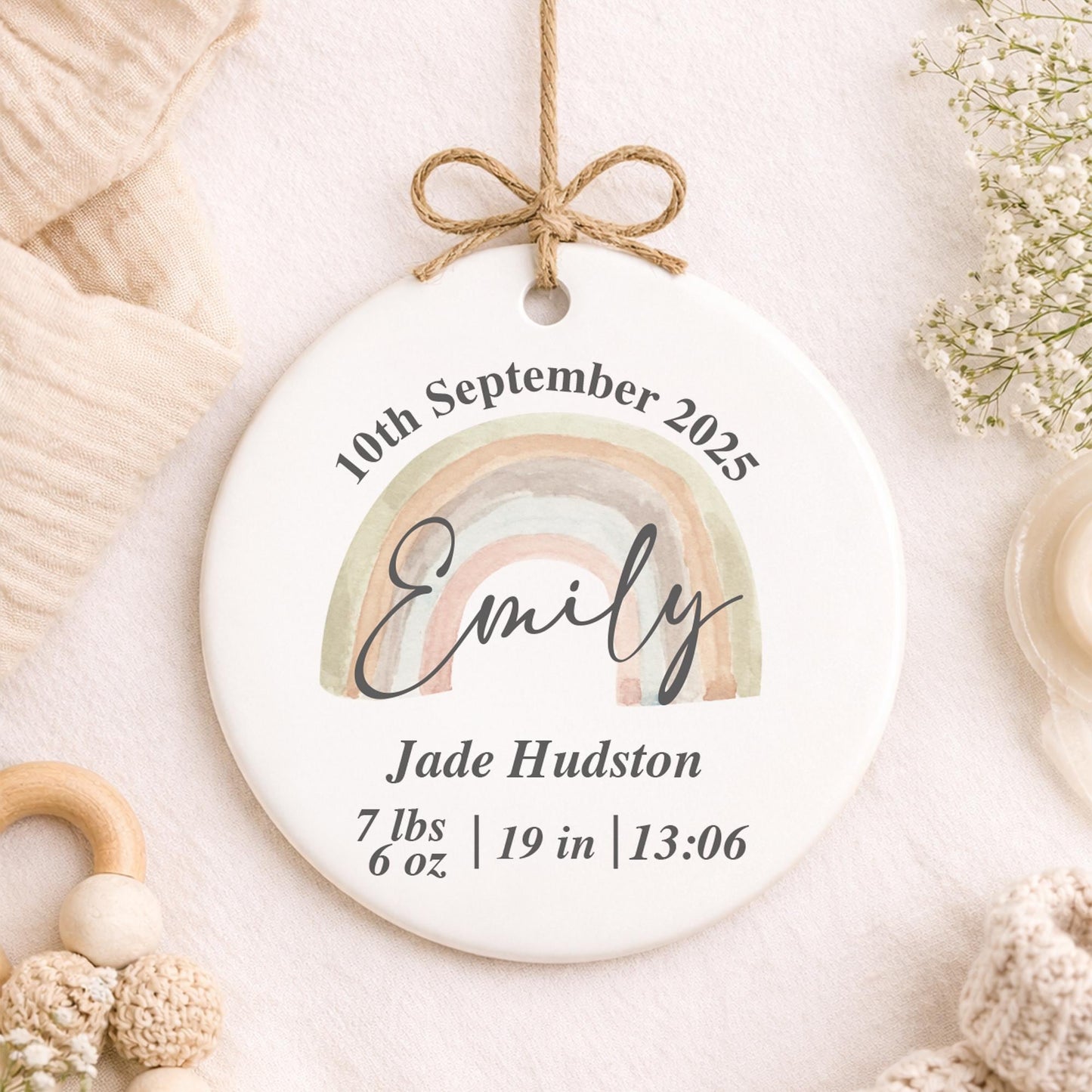Personalised Baby Birth Stats Ornament | Rainbow New Baby Keepsake Gift | Baby Shower | Nursery Decor