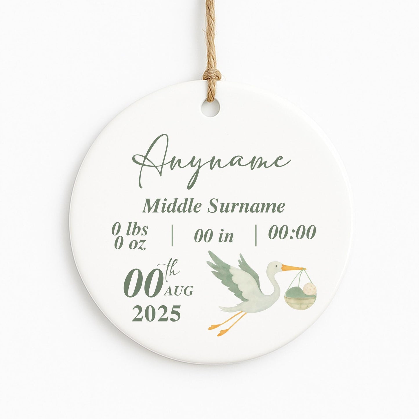 Personalised Baby Birth Stats Ornament | Stork Newborn Baby Shower Gift | Nursery Decor