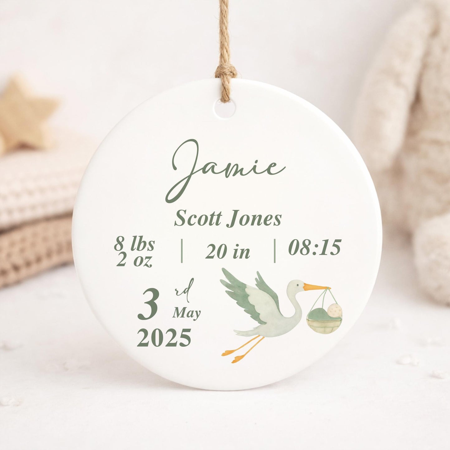 Personalised Baby Birth Stats Ornament | Stork Newborn Baby Shower Gift | Nursery Decor