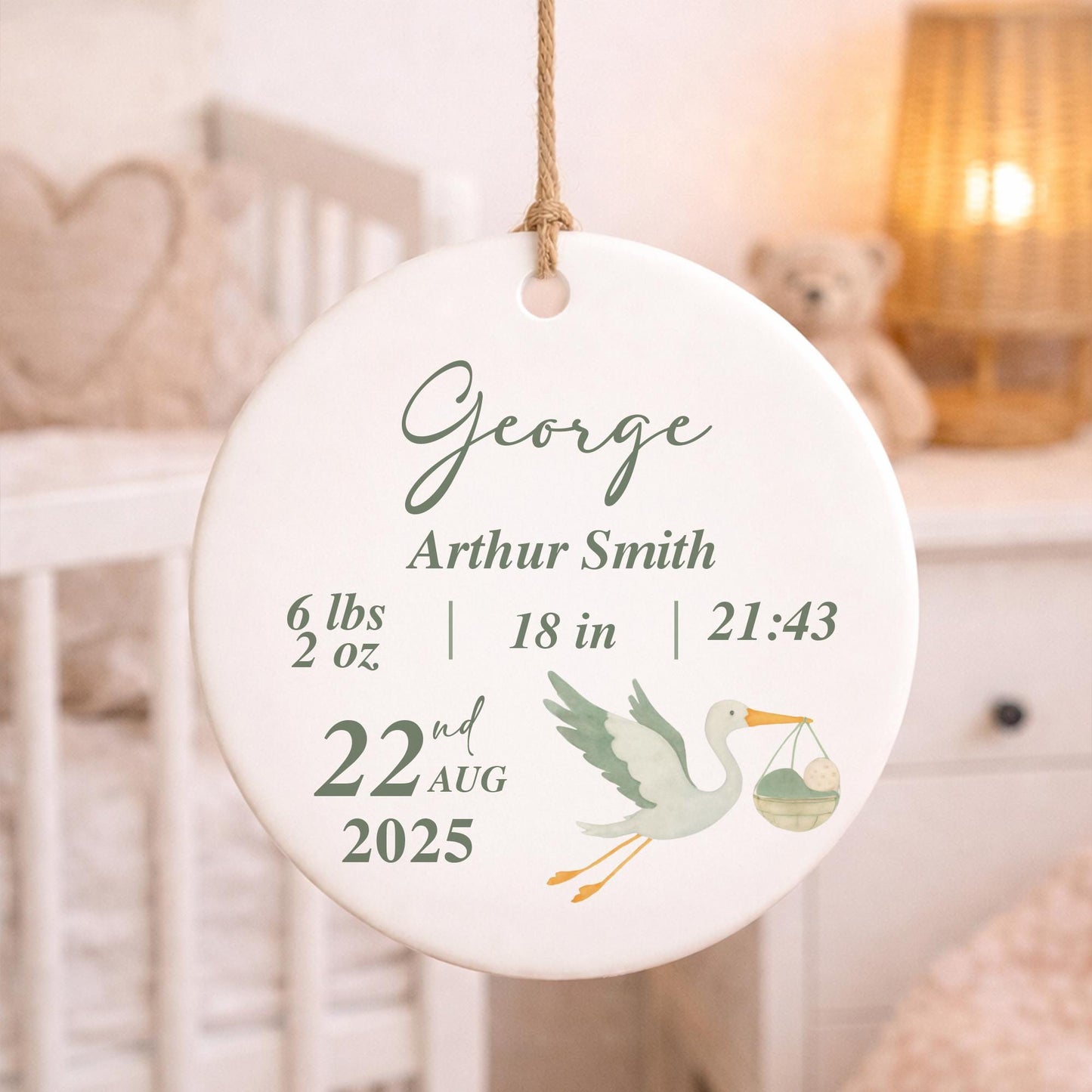 Personalised Baby Birth Stats Ornament | Stork Newborn Baby Shower Gift | Nursery Decor