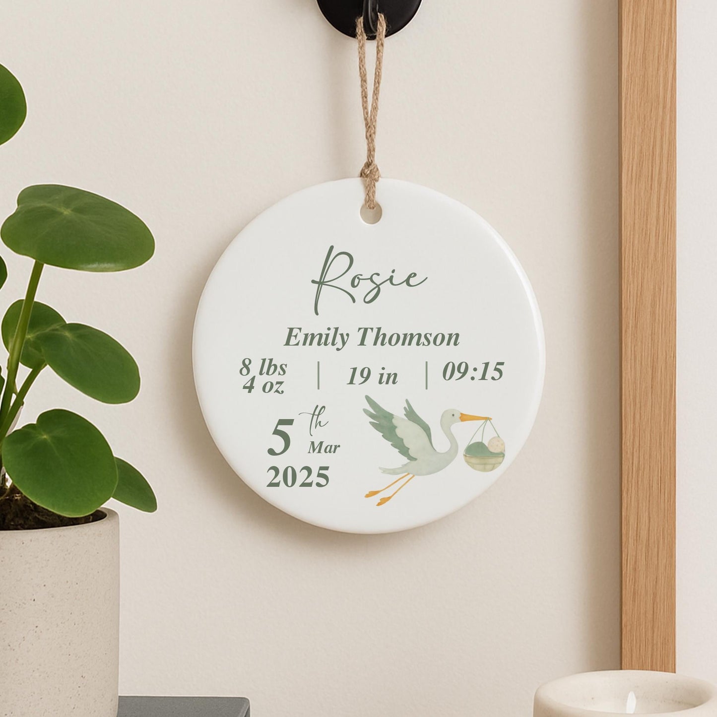 Personalised Baby Birth Stats Ornament | Stork Newborn Baby Shower Gift | Nursery Decor