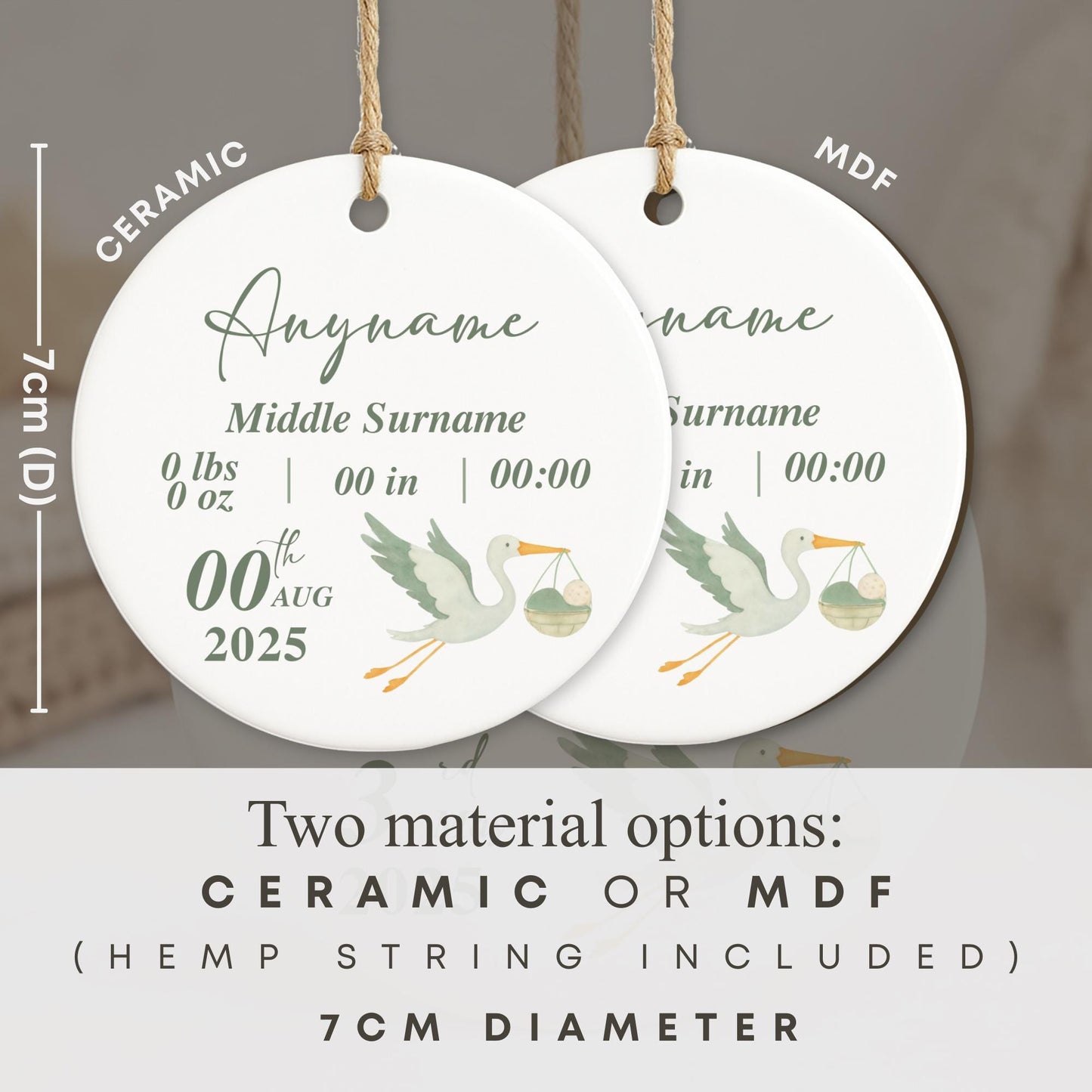 Personalised Baby Birth Stats Ornament | Stork Newborn Baby Shower Gift | Nursery Decor