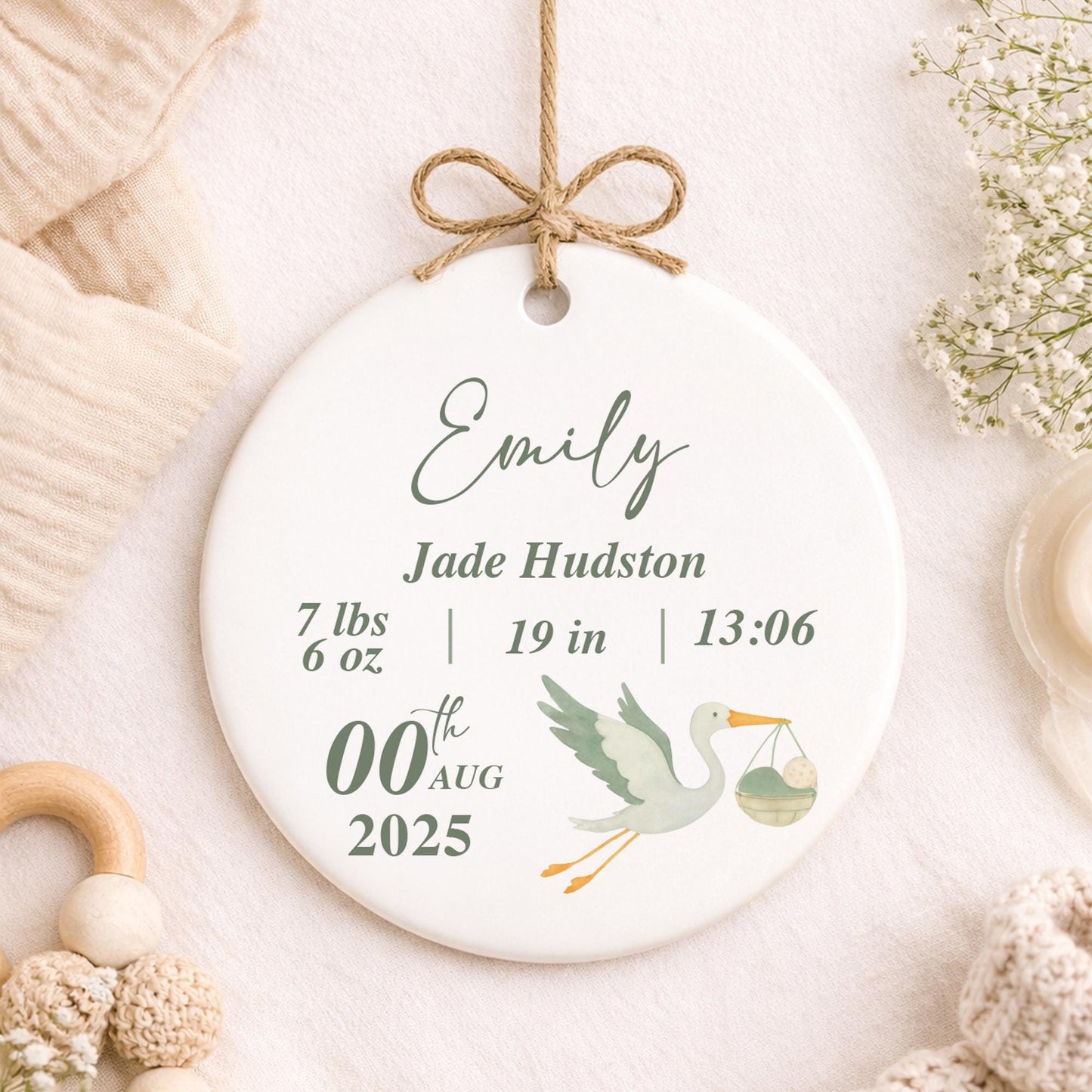 Personalised Baby Birth Stats Ornament | Stork Newborn Baby Shower Gift | Nursery Decor