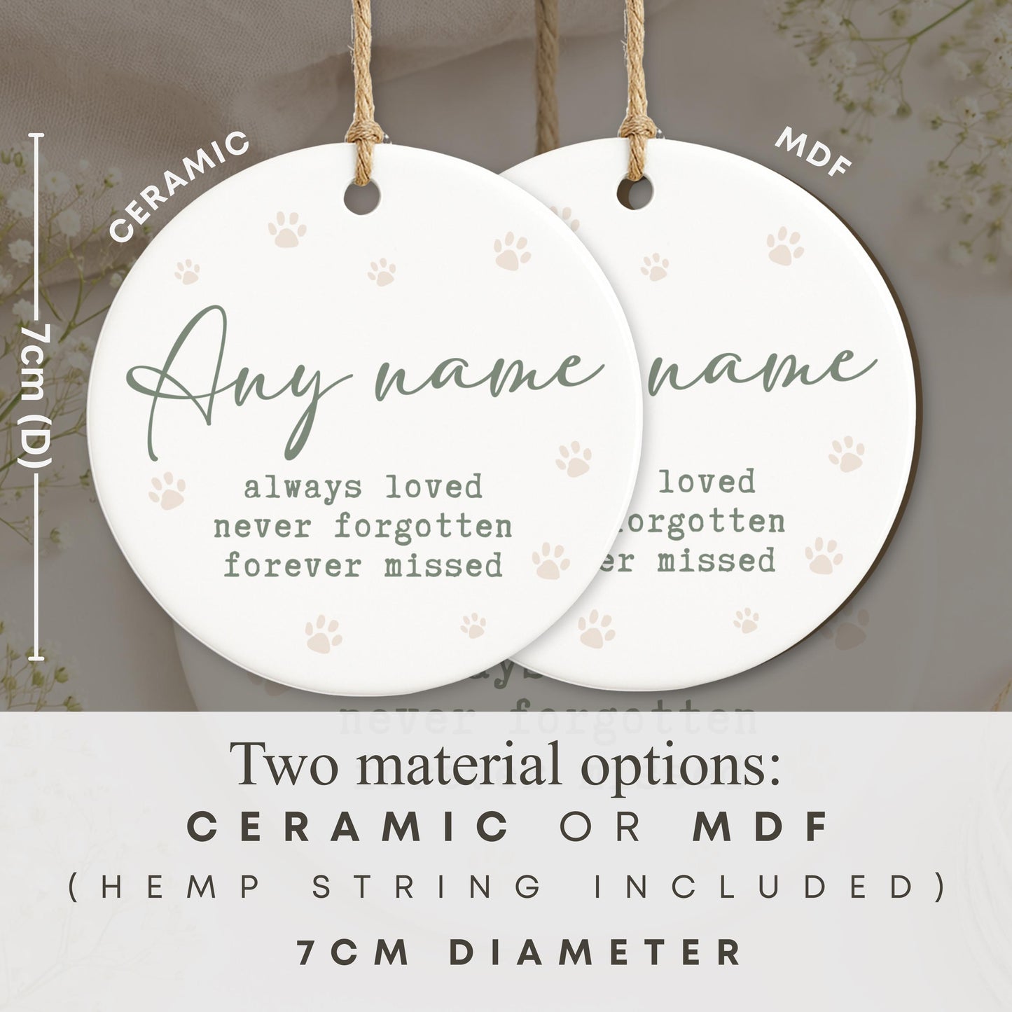 Personalised Pet Memorial Ornament  Always Loved Never Forgotten Paw Print Keepsake  Sympathy Gift