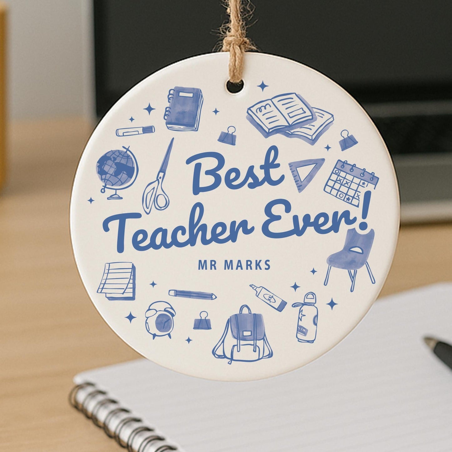 Thank You Teacher Gift  Personalised Blue Doodle Ornament with Name for Teacher Appreciation