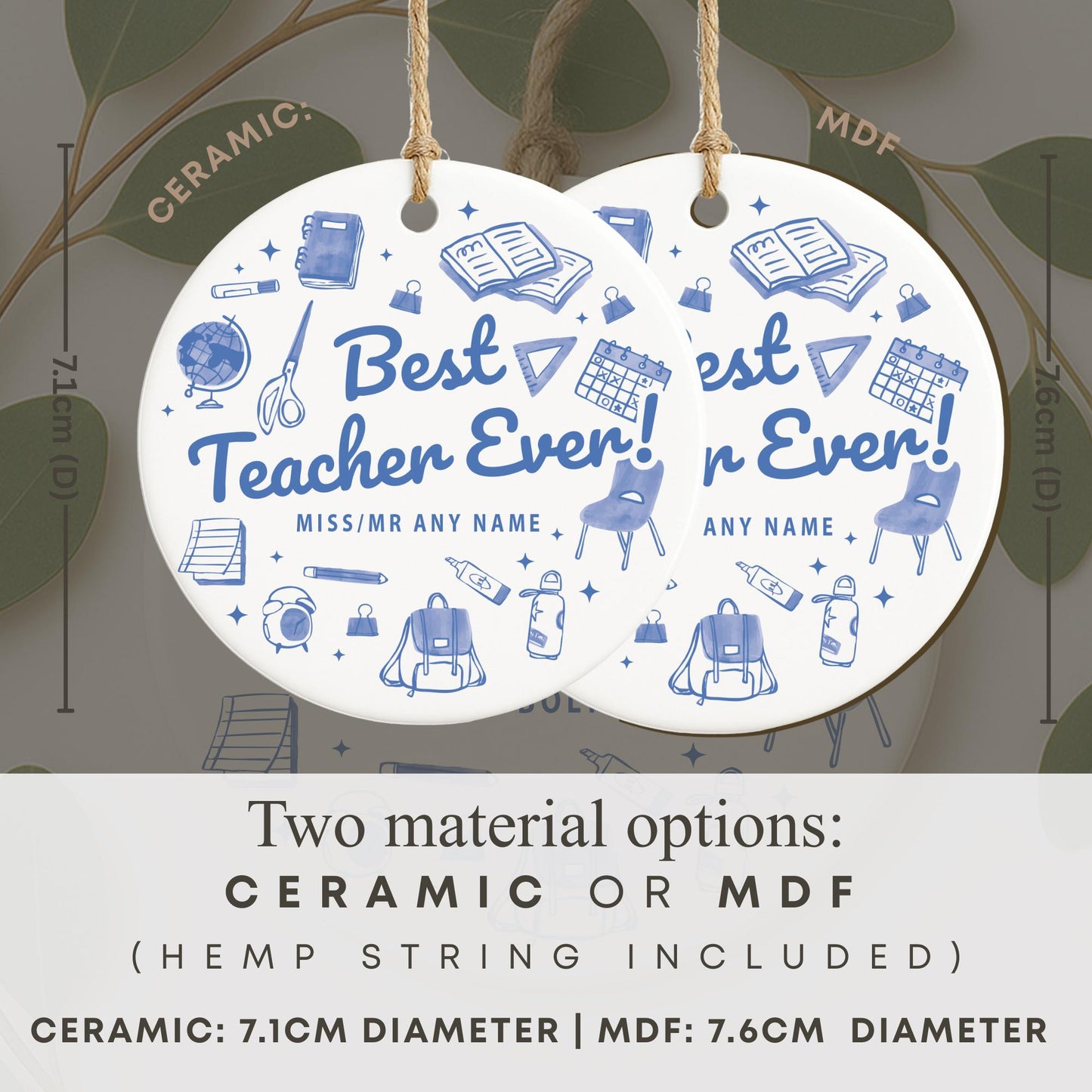 Thank You Teacher Gift  Personalised Blue Doodle Ornament with Name for Teacher Appreciation
