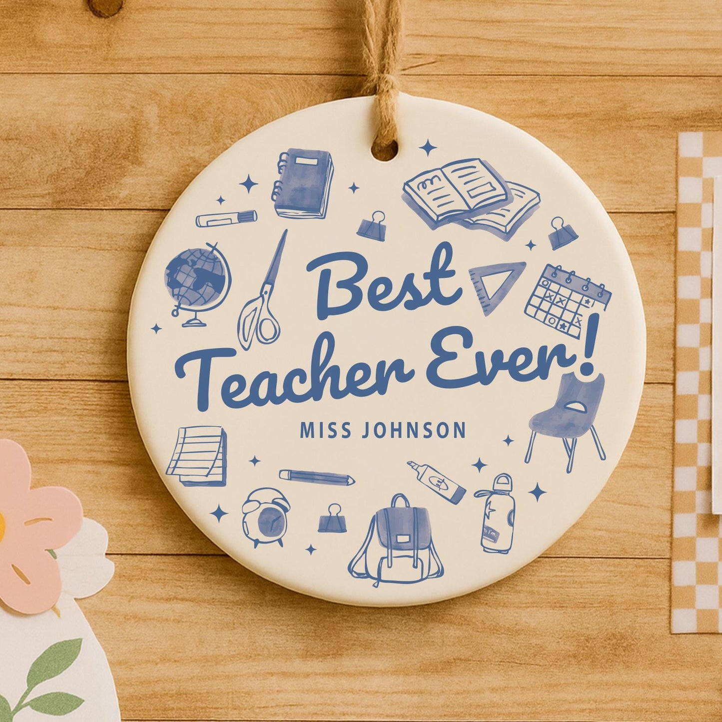 Thank You Teacher Gift  Personalised Blue Doodle Ornament with Name for Teacher Appreciation
