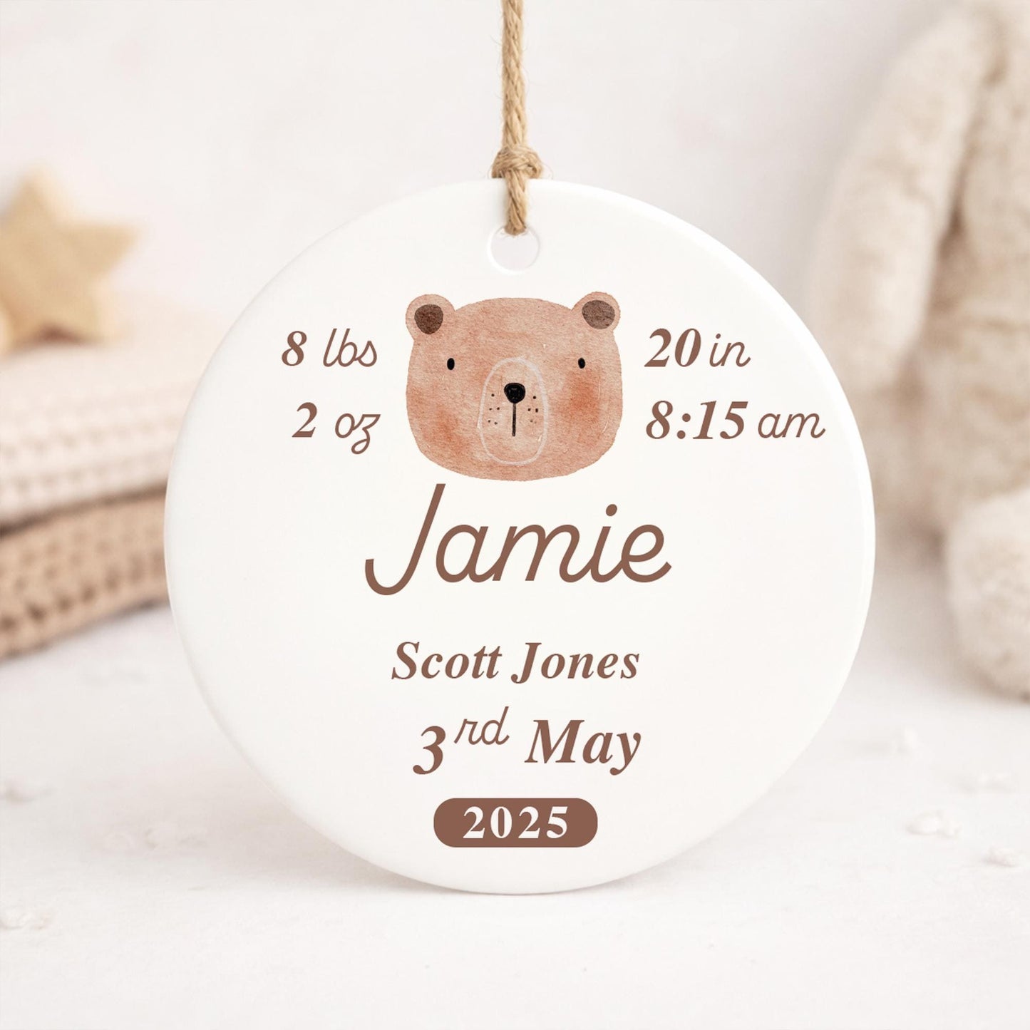 Personalised Newborn Baby Stats Ornament | Bear Birth Details Keepsake Gift | Baby Shower | Nursery Decor