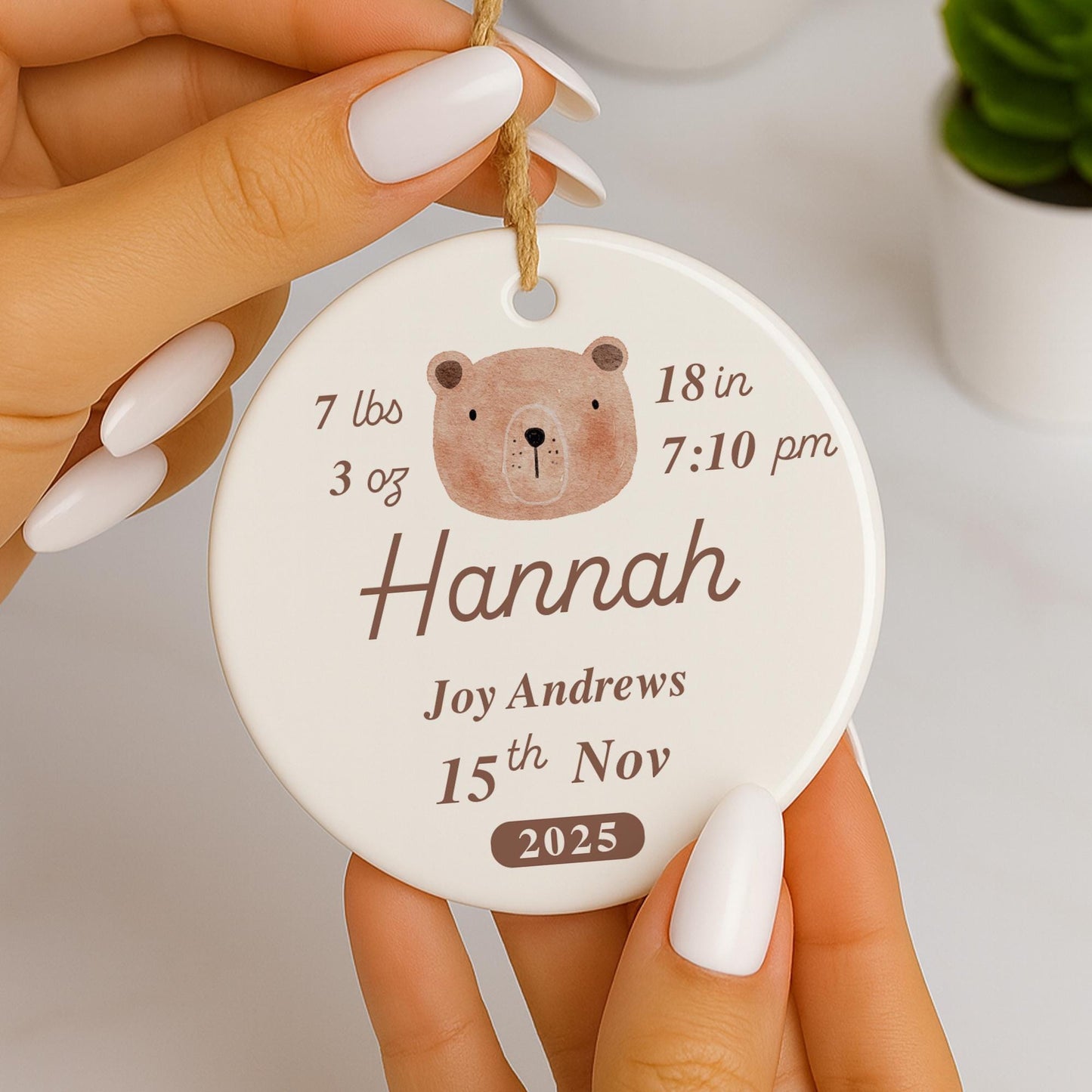 Personalised Newborn Baby Stats Ornament | Bear Birth Details Keepsake Gift | Baby Shower | Nursery Decor