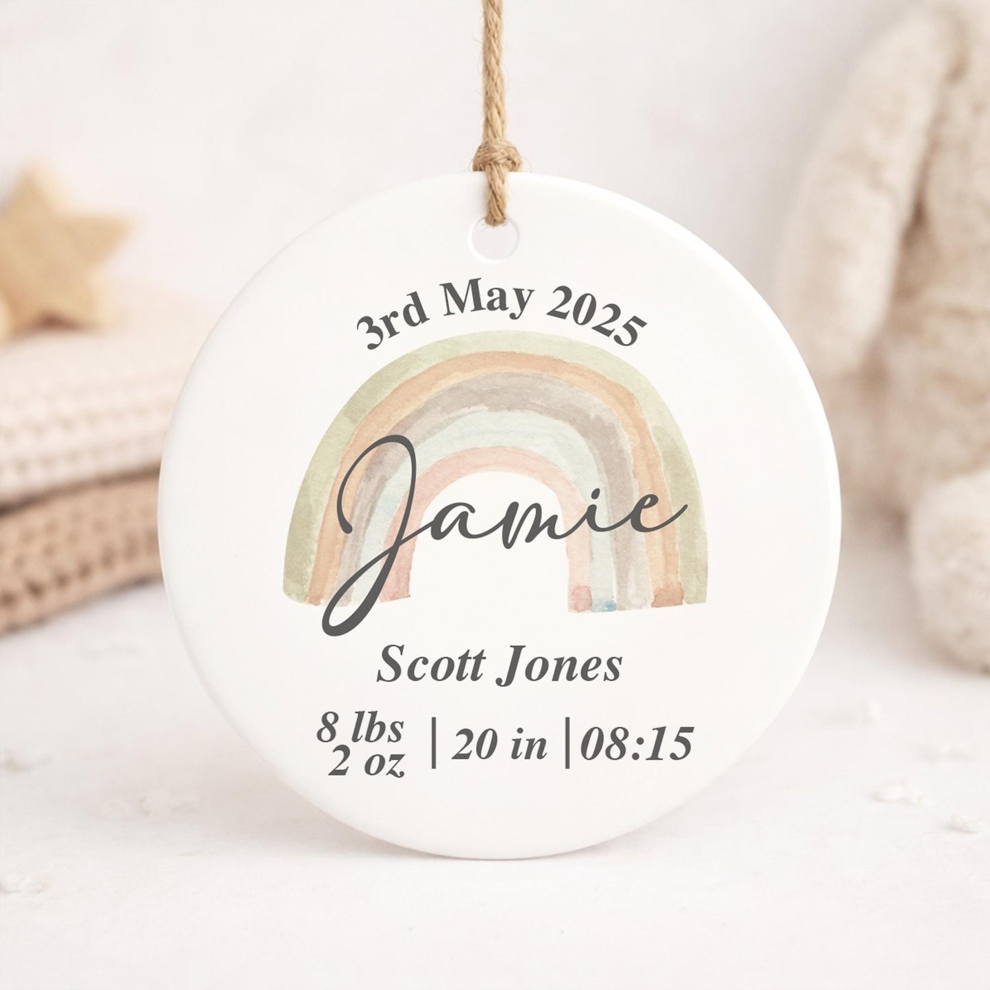 Personalised Baby Birth Stats Ornament | Rainbow New Baby Keepsake Gift | Baby Shower | Nursery Decor