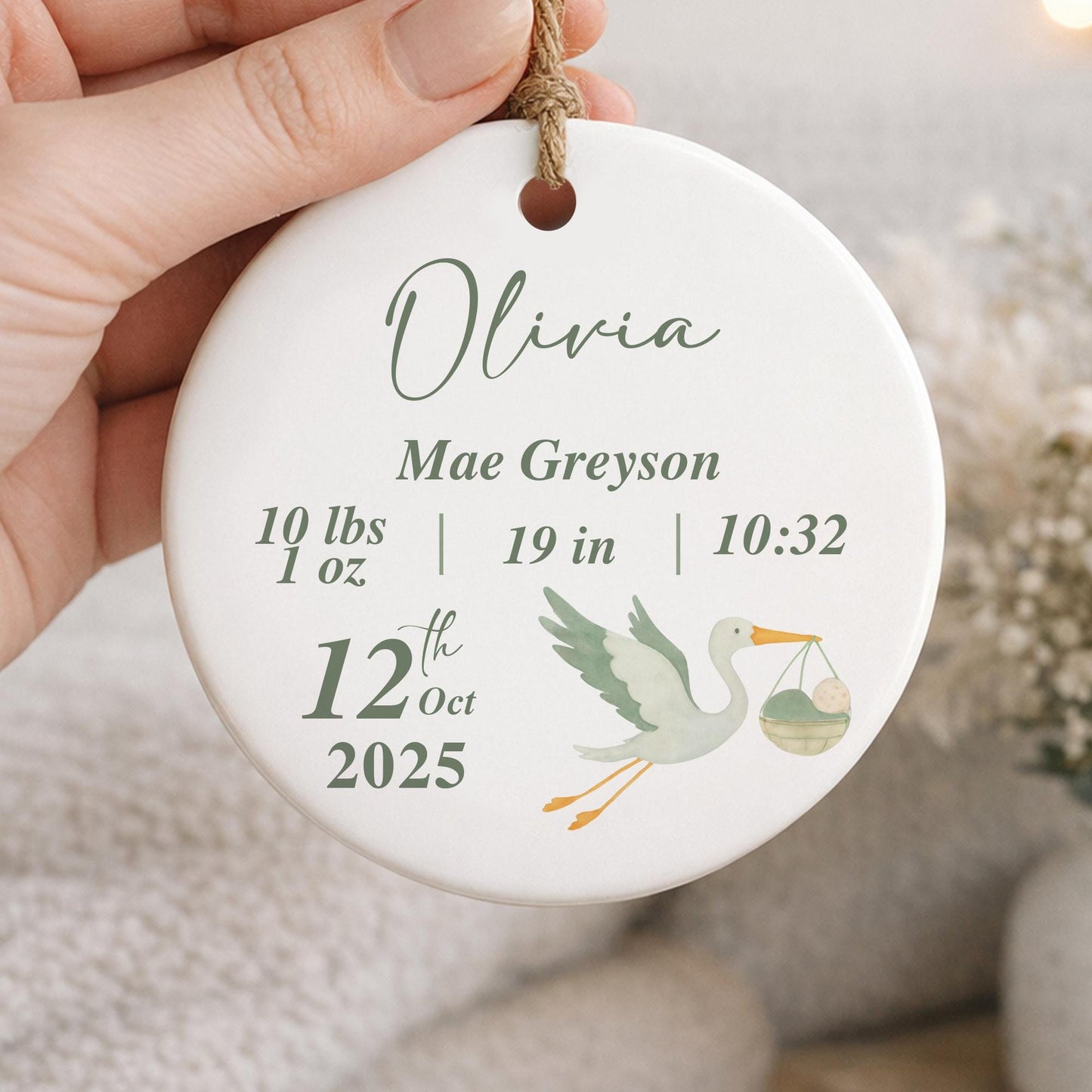 Personalised Baby Birth Stats Ornament | Stork Newborn Baby Shower Gift | Nursery Decor