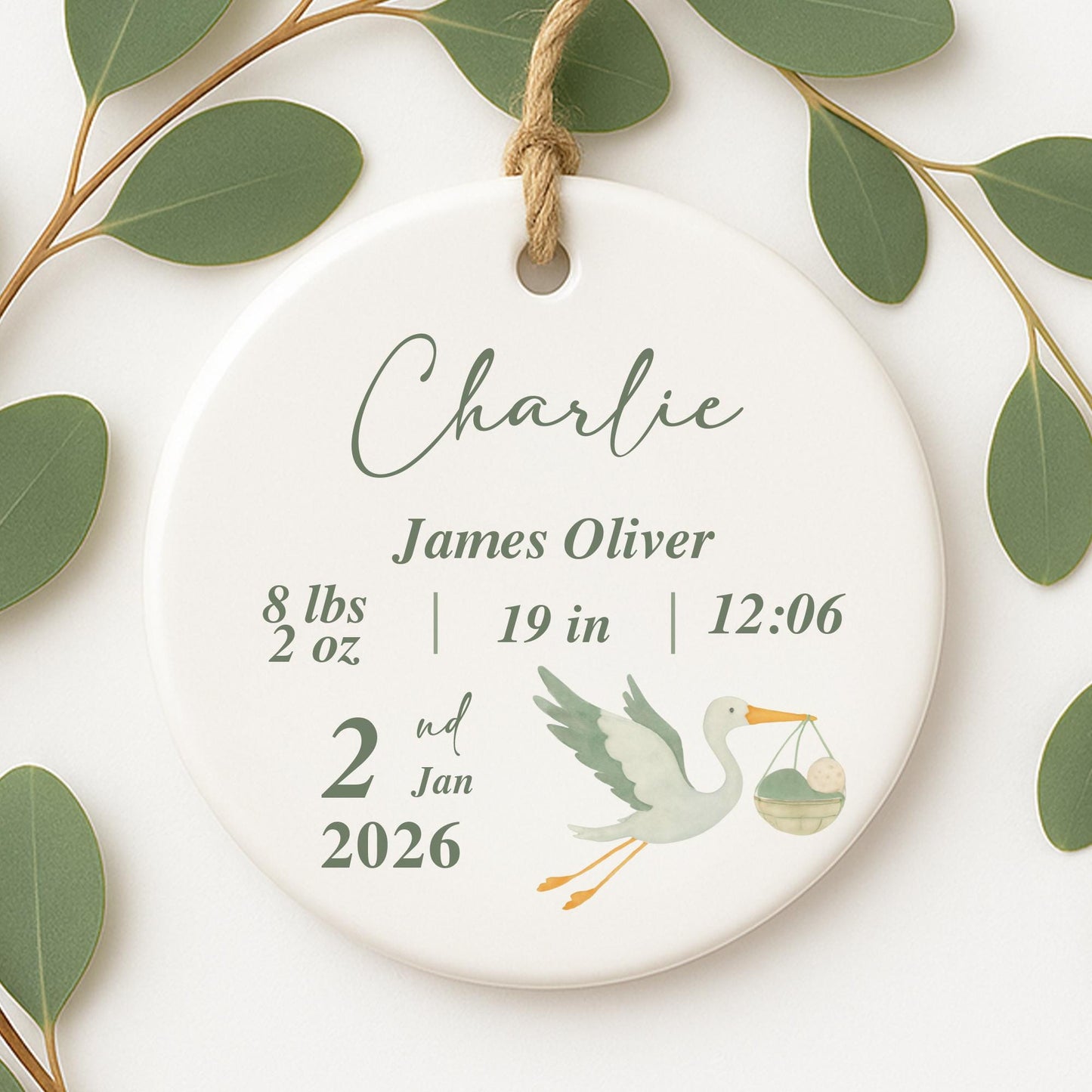 Personalised Baby Birth Stats Ornament | Stork Newborn Baby Shower Gift | Nursery Decor