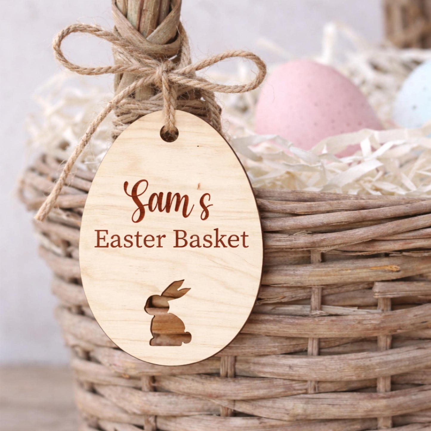 Personalised Easter Basket Tag | Wooden Easter Egg Name Tag with Bunny Cut Out | Egg Design 2