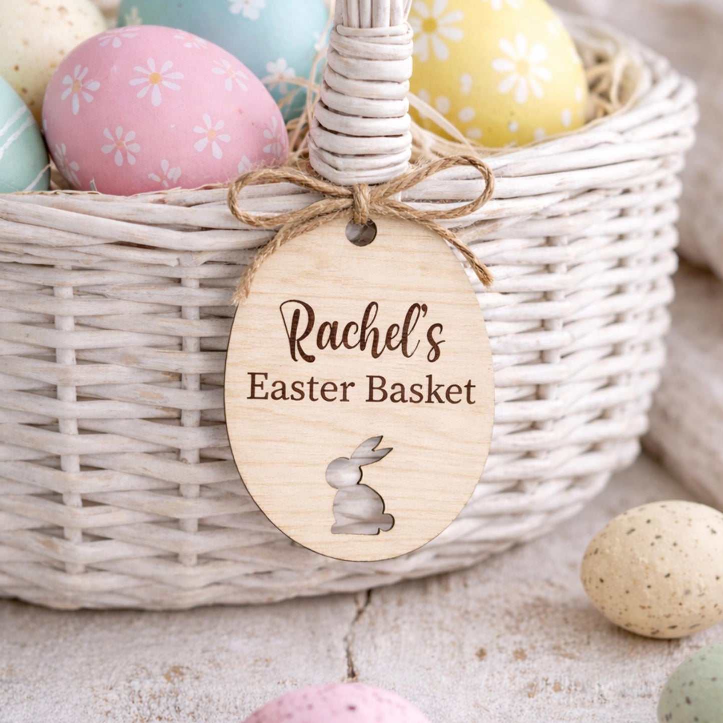 Personalised Easter Basket Tag | Wooden Easter Egg Name Tag with Bunny Cut Out | Egg Design 2
