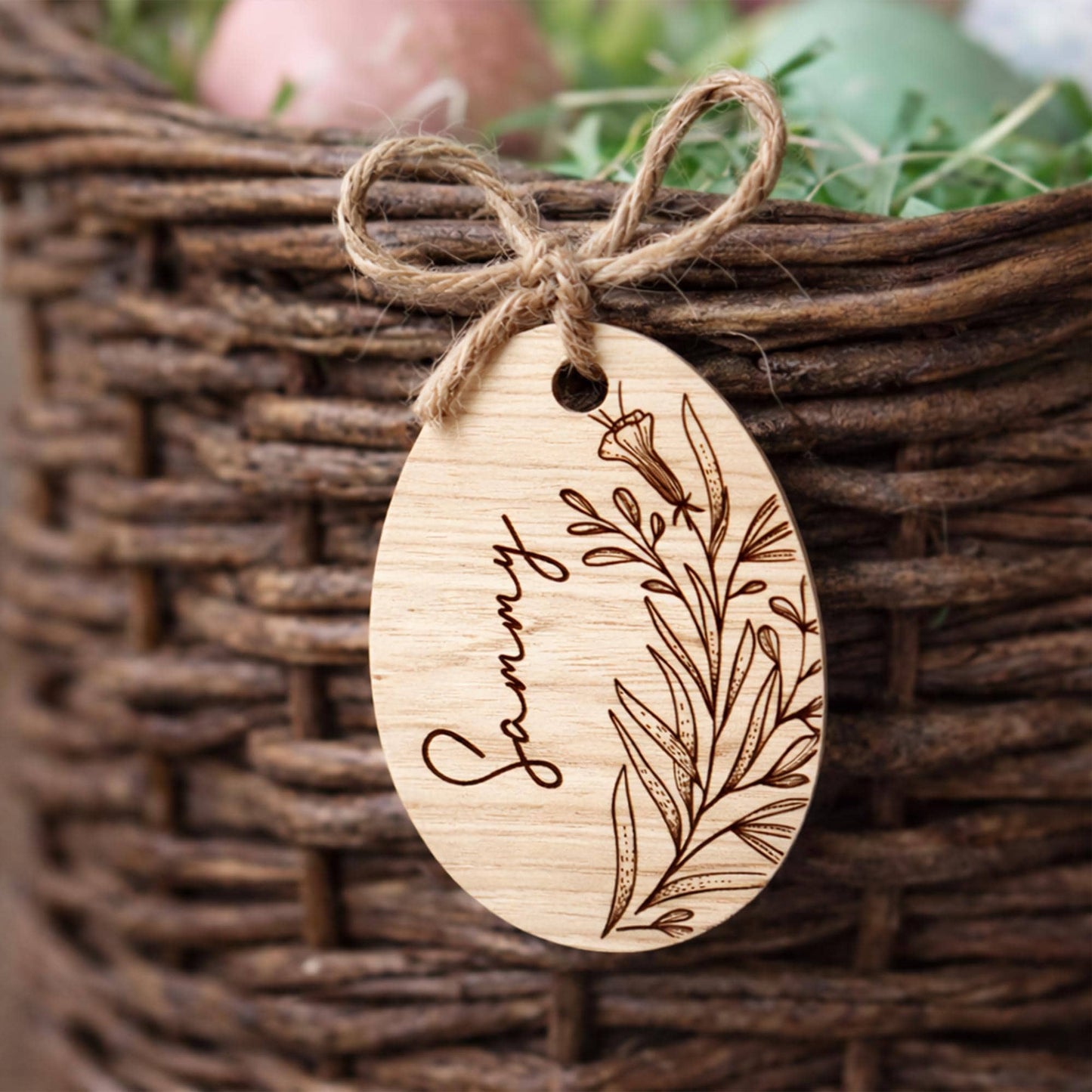 Personalised Easter Basket Tag | Wooden Floral Easter Egg Name Tag | Egg Design 3