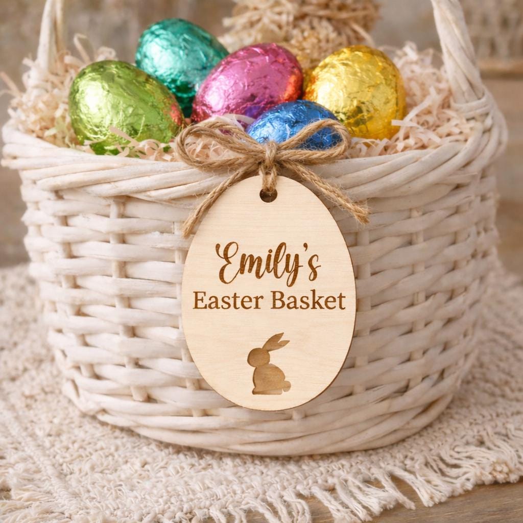 Personalised Easter Basket Tag | Wooden Easter Egg Name Tag with Bunny Cut Out | Egg Design 2