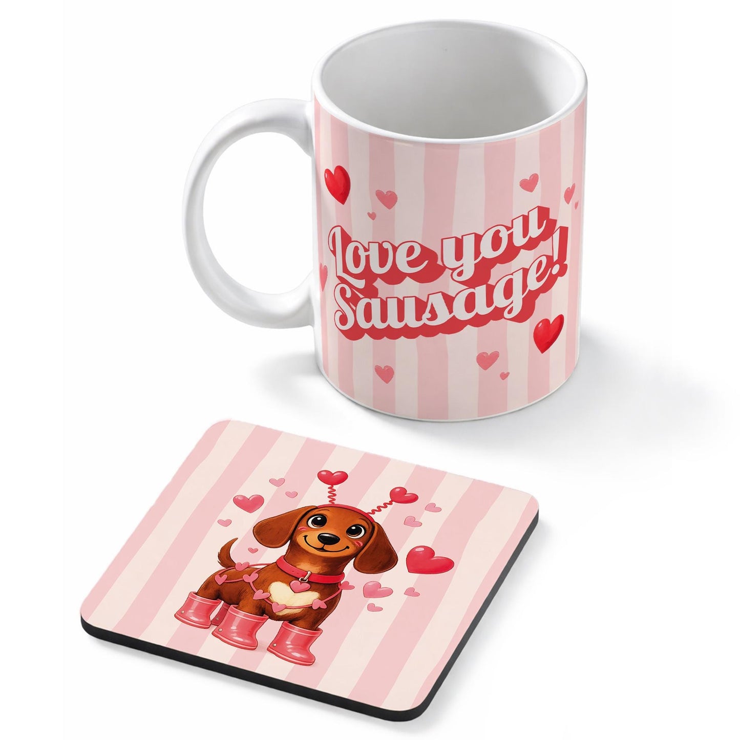 Valentine's Sausage Dog Mug & Coaster Set | Cute Dachshund 'Love You Sausage' Gift for Her