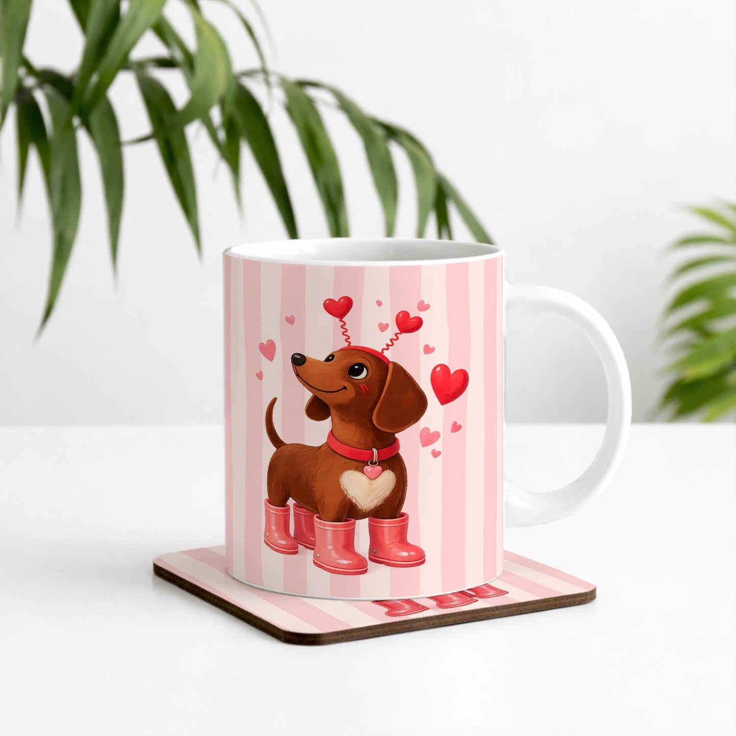 Valentine's Sausage Dog Mug & Coaster Set | Cute Dachshund 'Love You Sausage' Gift for Her