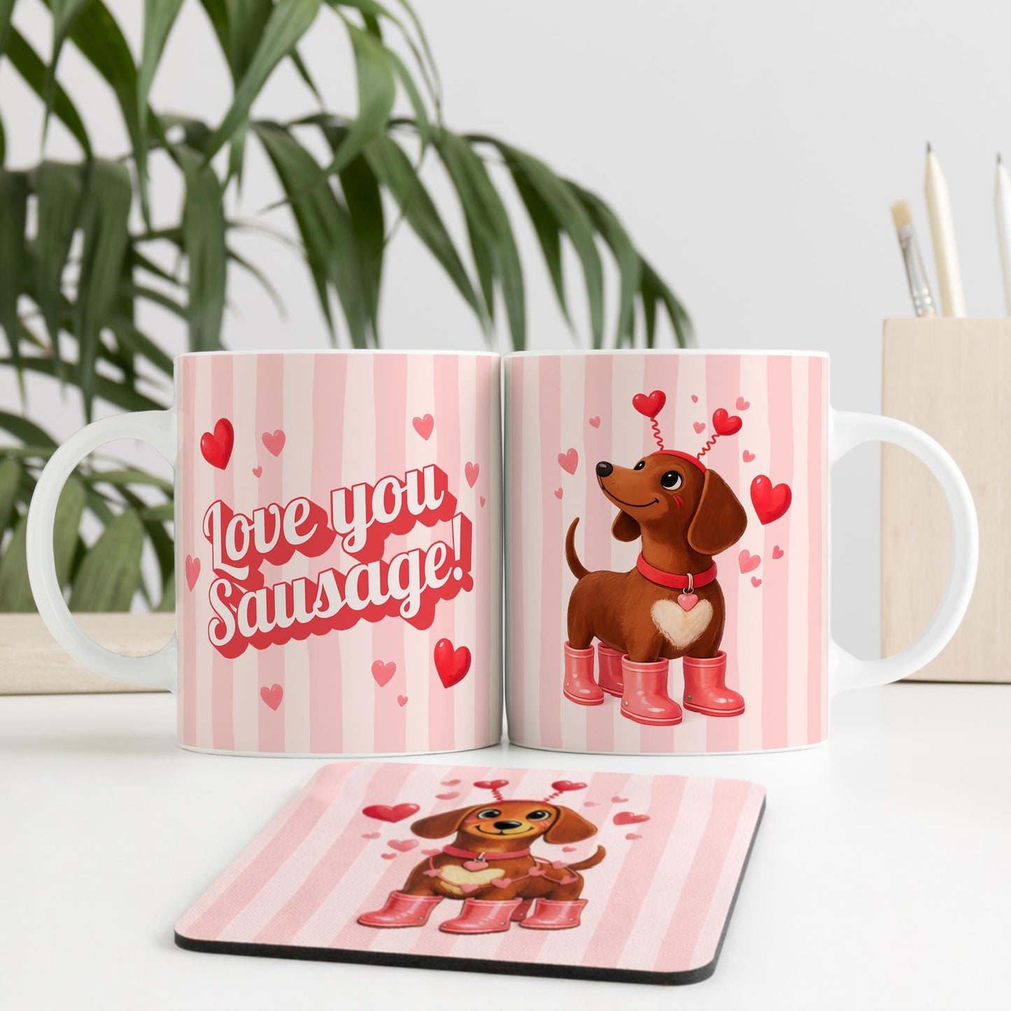 Valentine's Sausage Dog Mug & Coaster Set | Cute Dachshund 'Love You Sausage' Gift for Her