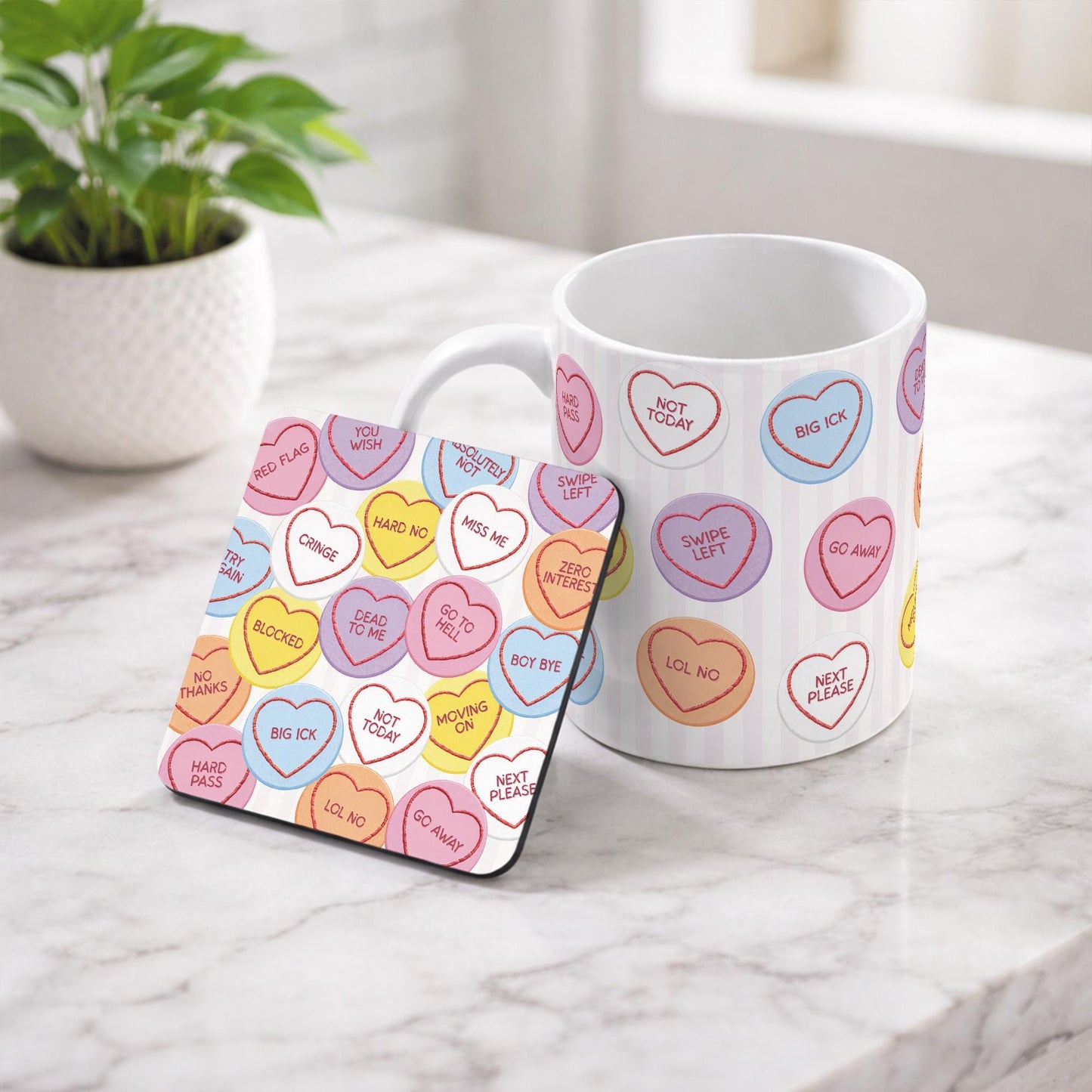 Funny Anti Valentines Mug and Coaster Set | Love Heart Sweet Sarcastic Gift | Galentines Present