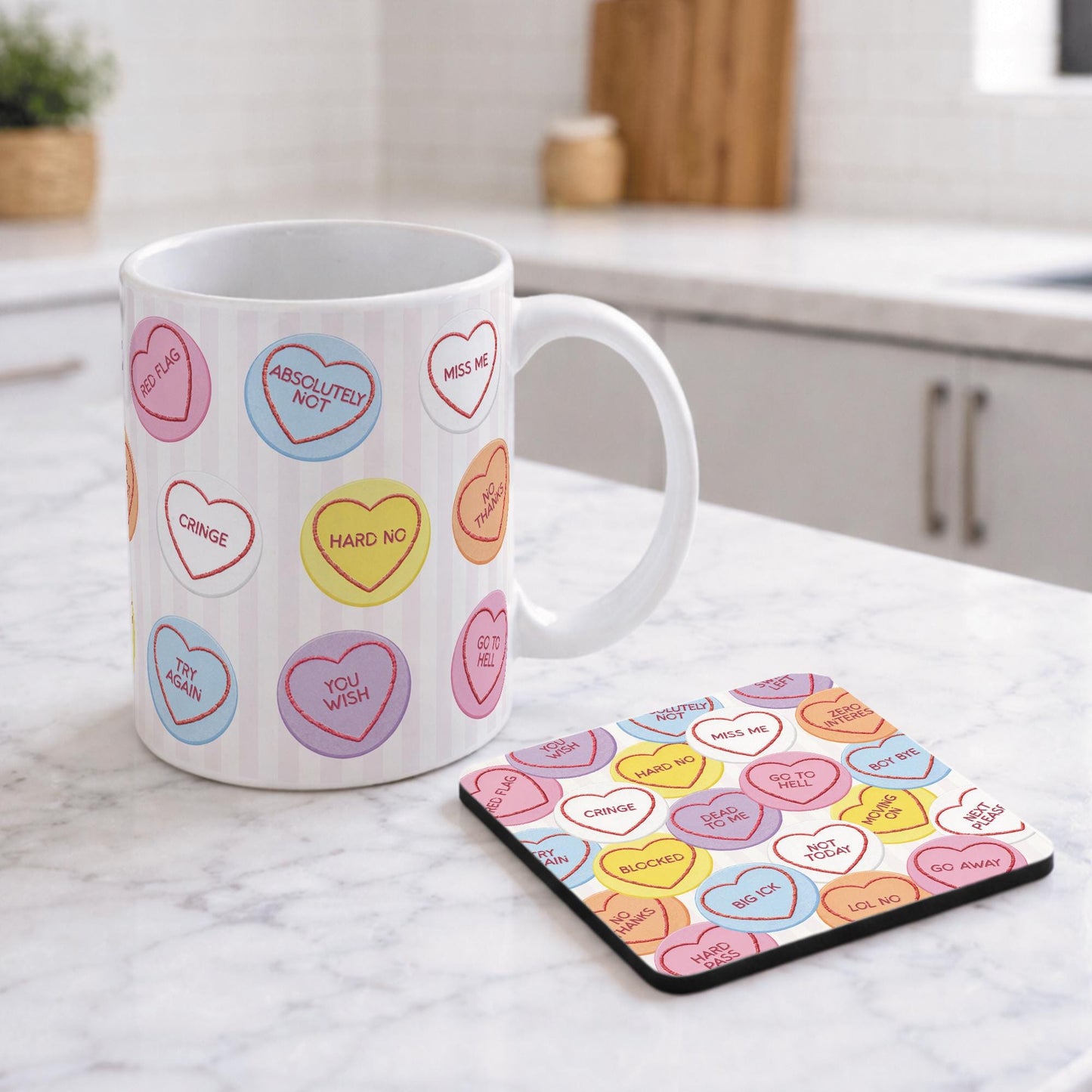 Funny Anti Valentines Mug and Coaster Set | Love Heart Sweet Sarcastic Gift | Galentines Present