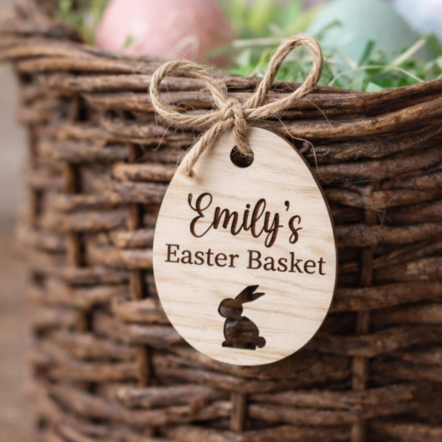 Personalised Easter Basket Tag | Wooden Easter Egg Name Tag with Bunny Cut Out | Egg Design 2
