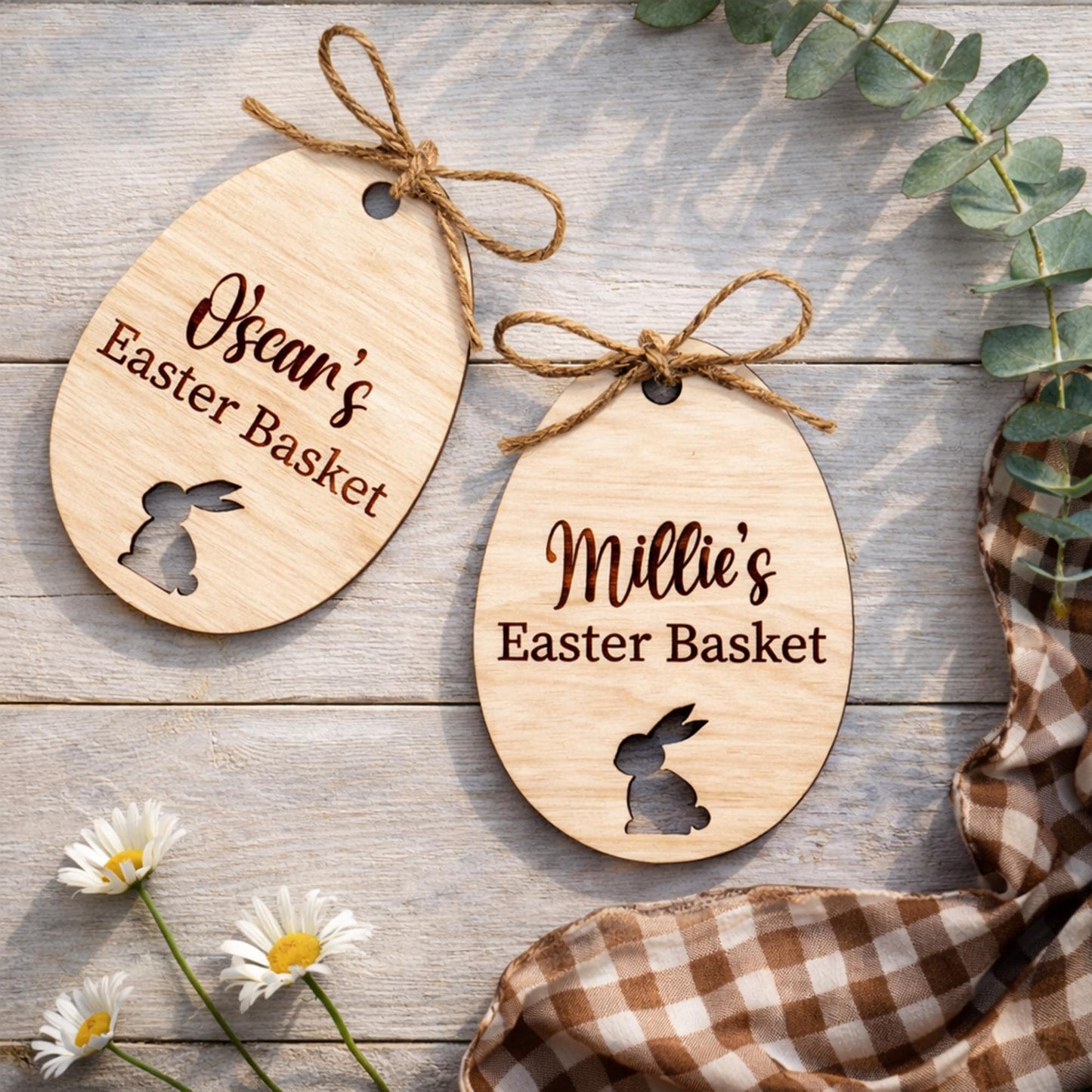 Personalised Easter Basket Tag | Wooden Easter Egg Name Tag with Bunny Cut Out | Egg Design 2