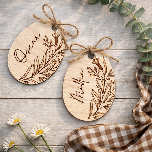 Personalised Easter Basket Tag | Wooden Floral Easter Egg Name Tag | Egg Design 3