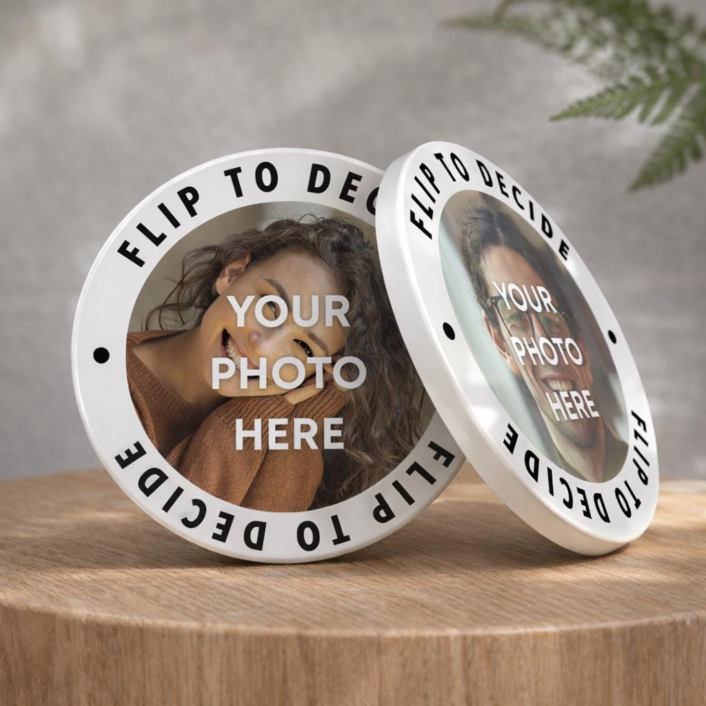 Personalised Decision Coin: Custom Photos, Fate Flip Token for Couples, Gift for Valentine's