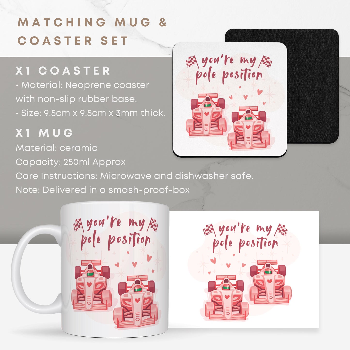 Valentines Formula 1 Mug and Coaster Gift Set | For F1 Lover | 'You're My Pole Position'
