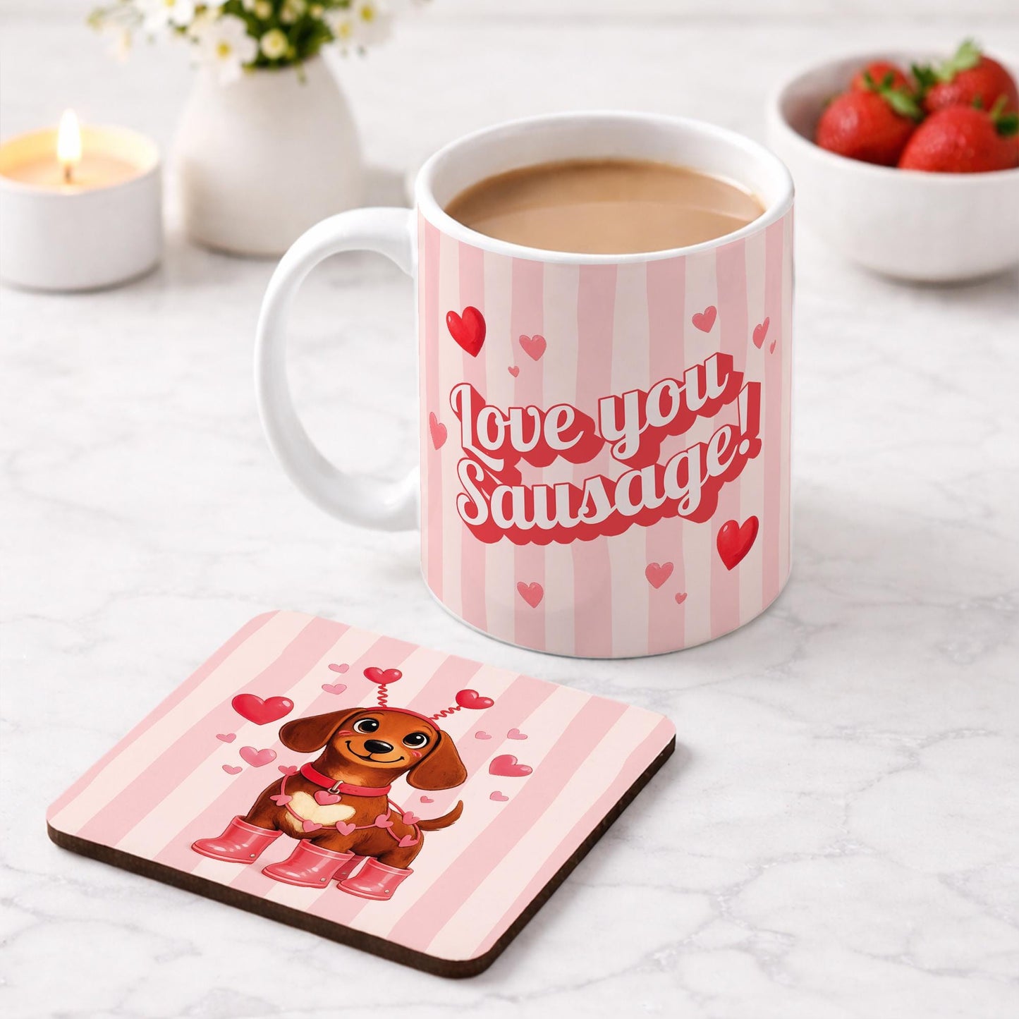 Valentine's Sausage Dog Mug & Coaster Set | Cute Dachshund 'Love You Sausage' Gift for Her