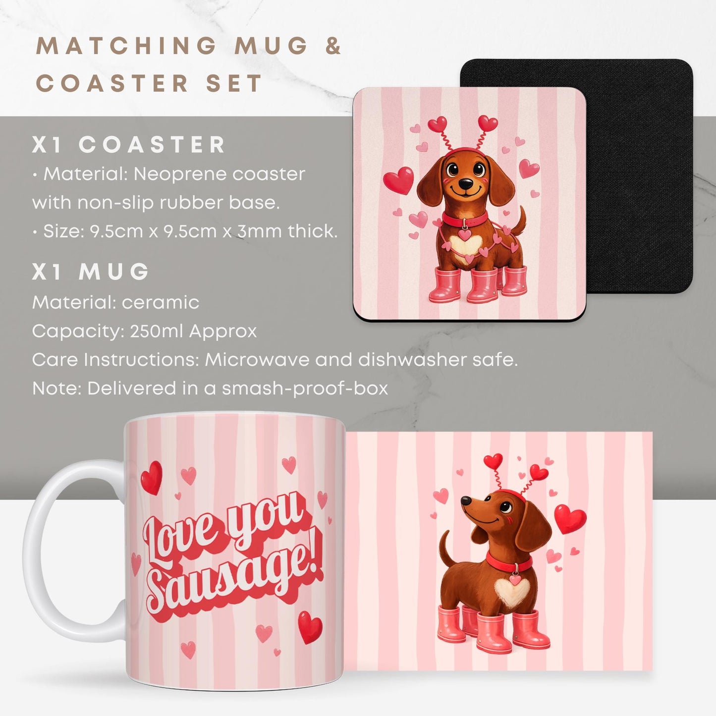 Valentine's Sausage Dog Mug & Coaster Set | Cute Dachshund 'Love You Sausage' Gift for Her