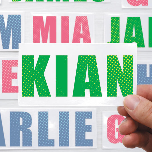 Personalised Name Sticker | Custom Colourful Halftone Vinyl Decal | Waterproof Bottle & Bike Name Label Lettering