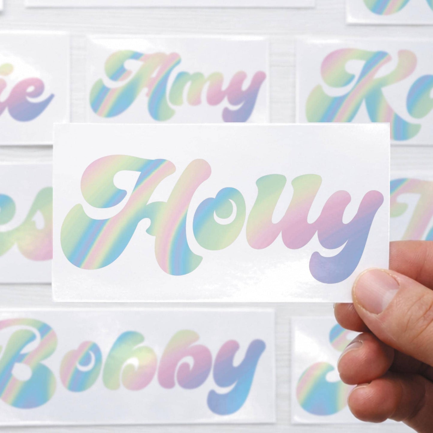 Personalised Name Sticker | Custom Holographic Gradient Script Name Vinyl Decal | Waterproof Rainbow Name Label