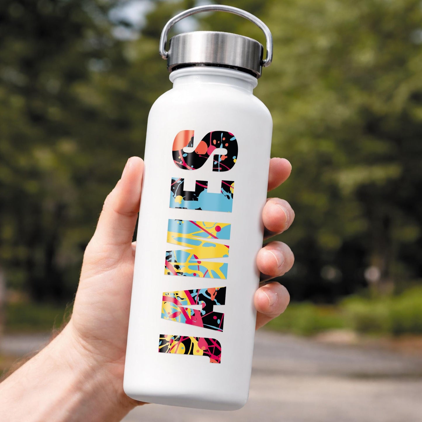 Personalised Name Sticker | Custom Paint Splatter Vinyl Decal | Waterproof Label for Bottle, Bike & Lunchbox