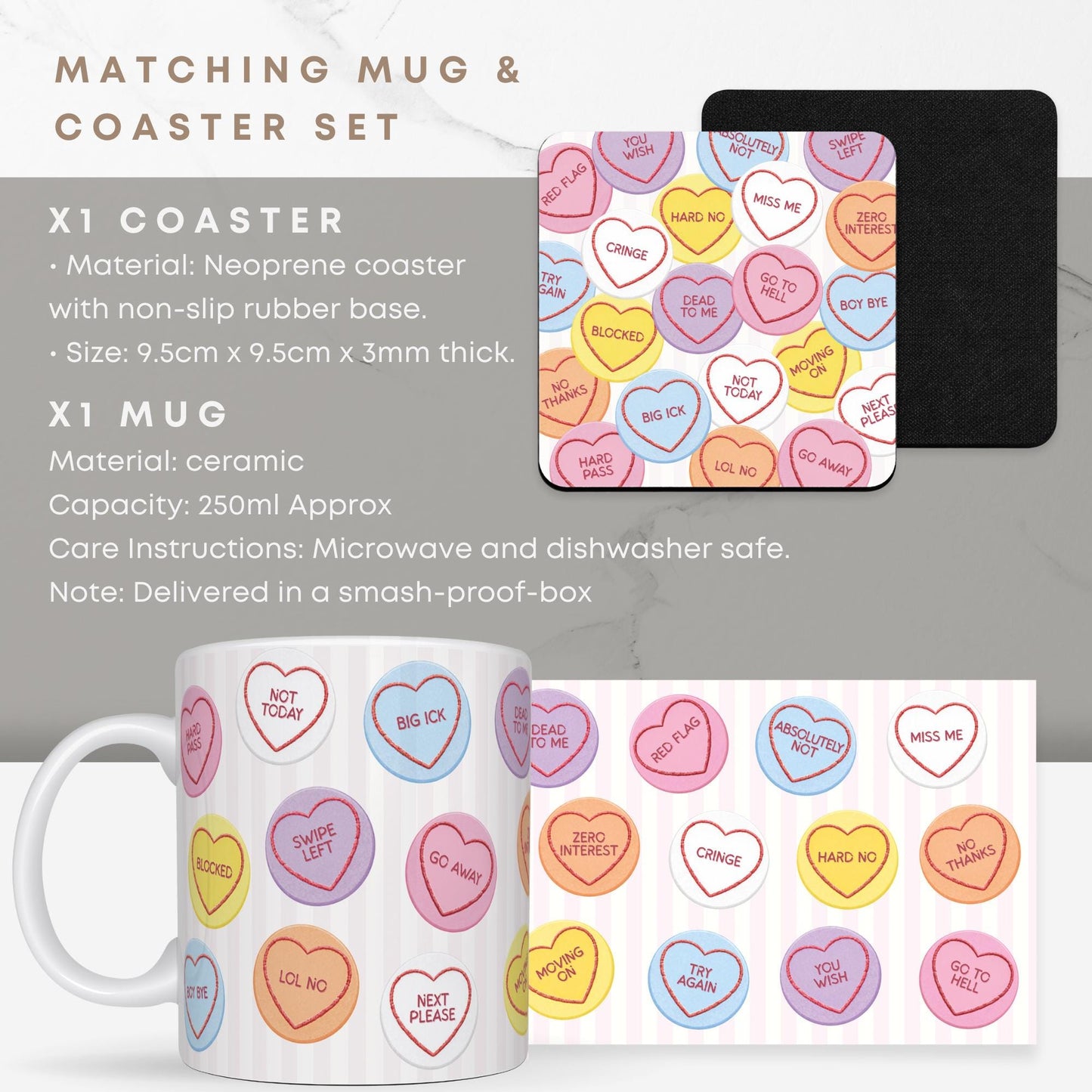 Funny Anti Valentines Mug and Coaster Set | Love Heart Sweet Sarcastic Gift | Galentines Present
