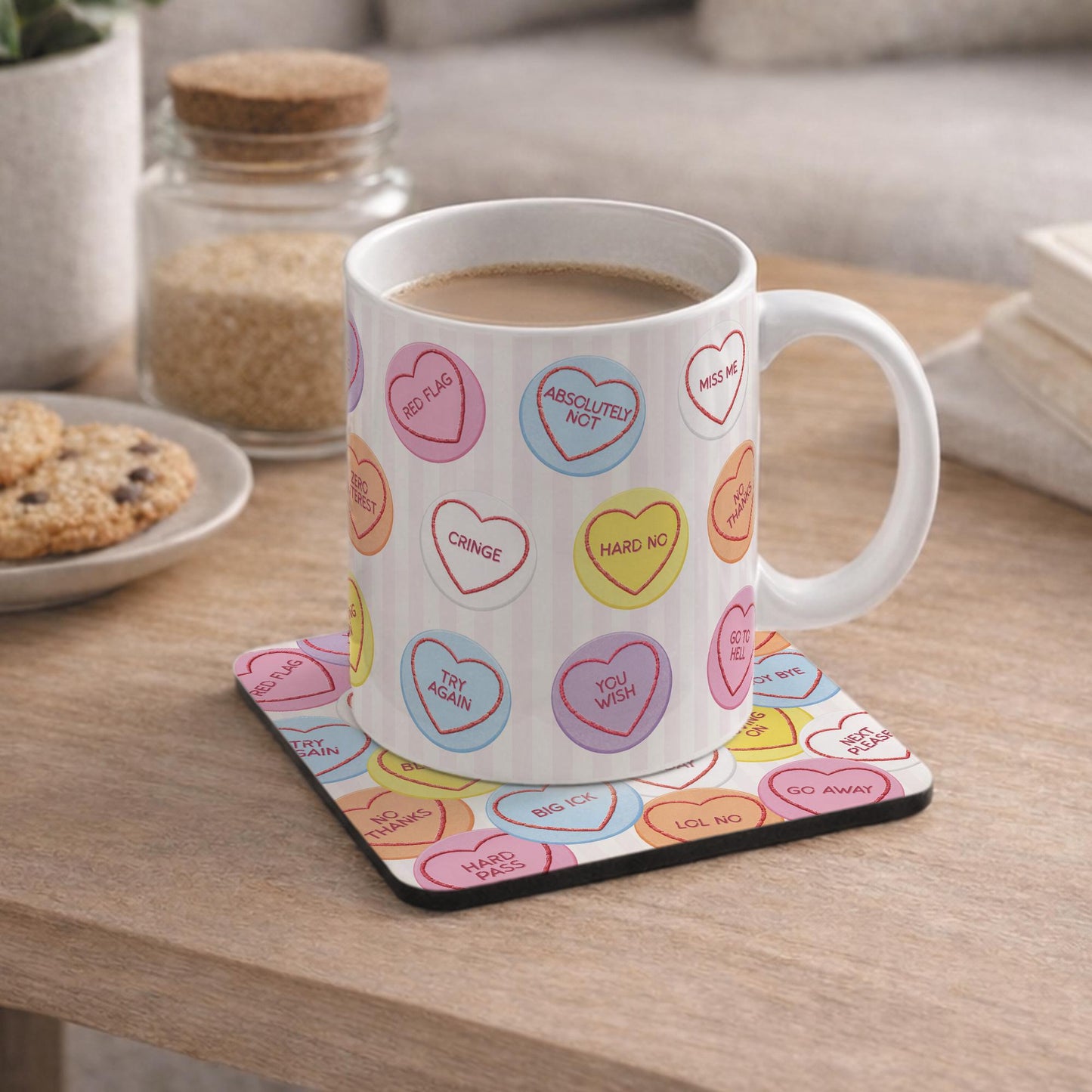 Funny Anti Valentines Mug and Coaster Set | Love Heart Sweet Sarcastic Gift | Galentines Present