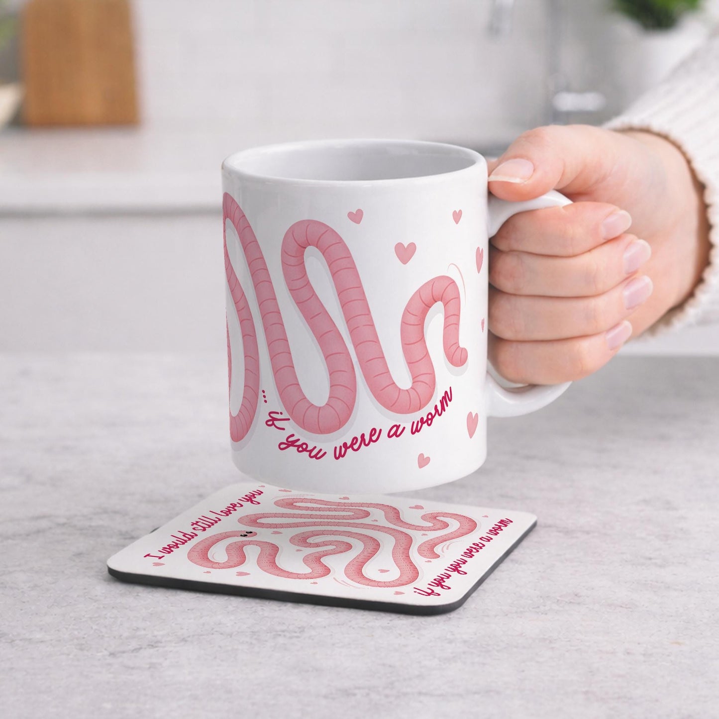 Funny Valentines Mug and Coaster Set | 'If You Were A Worm' | Cute Mug Gift for Her