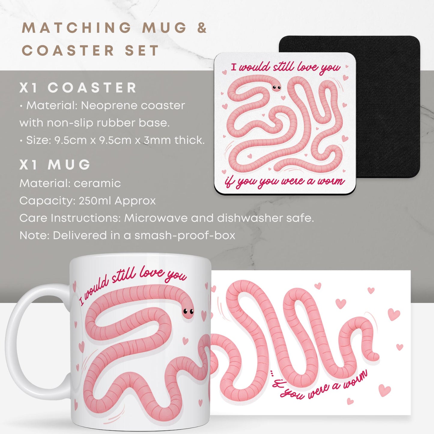 Funny Valentines Mug and Coaster Set | 'If You Were A Worm' | Cute Mug Gift for Her