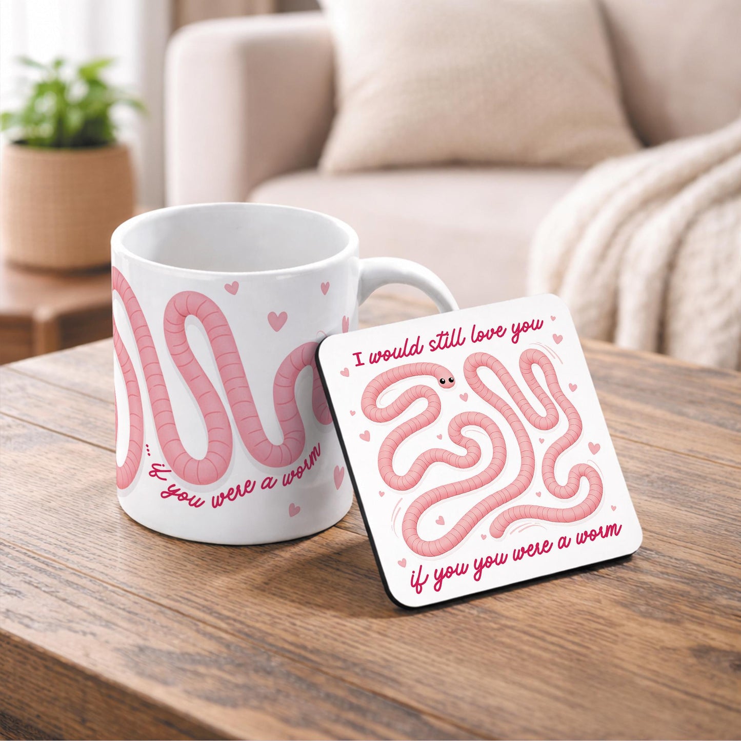 Funny Valentines Mug and Coaster Set | 'If You Were A Worm' | Cute Mug Gift for Her
