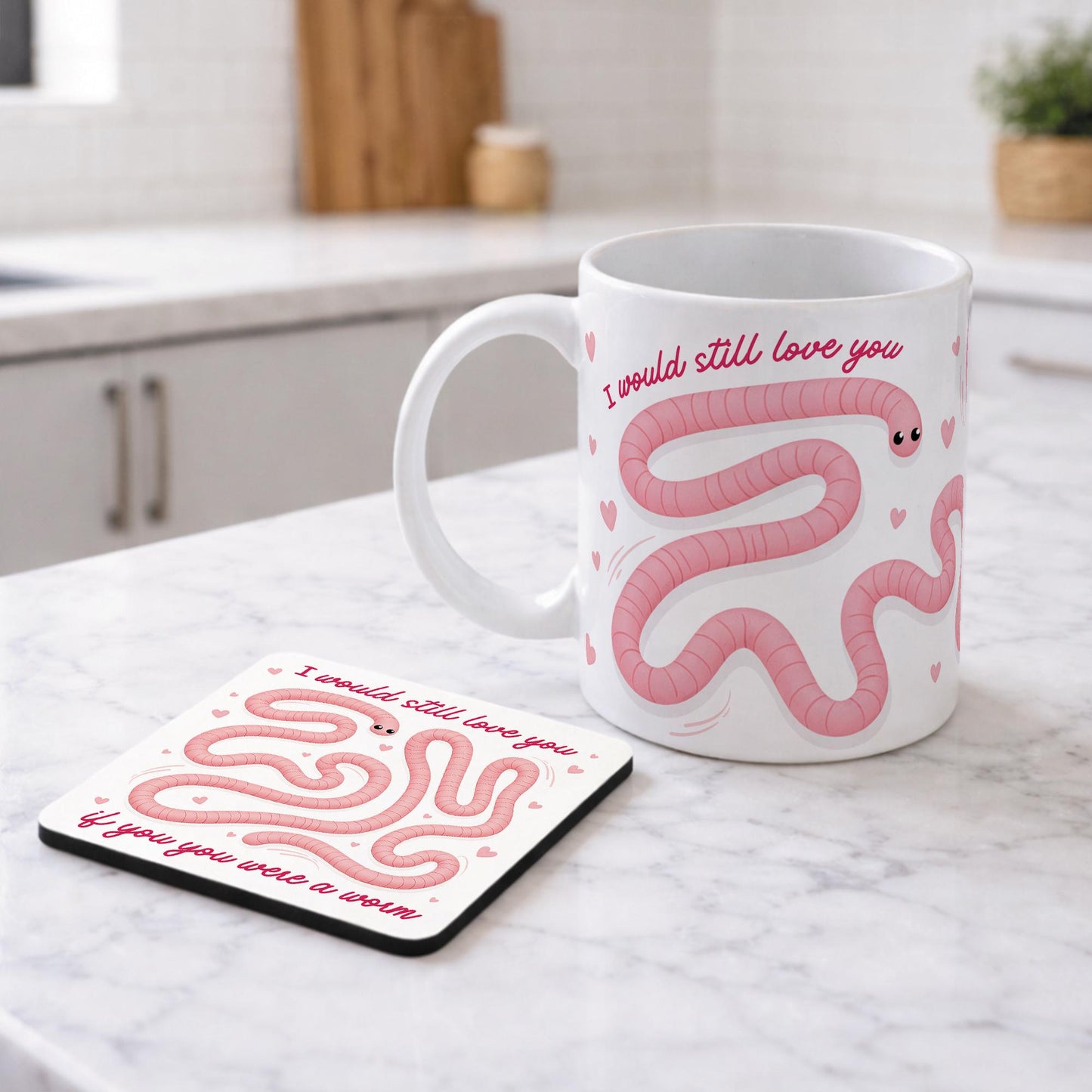 Funny Valentines Mug and Coaster Set | 'If You Were A Worm' | Cute Mug Gift for Her