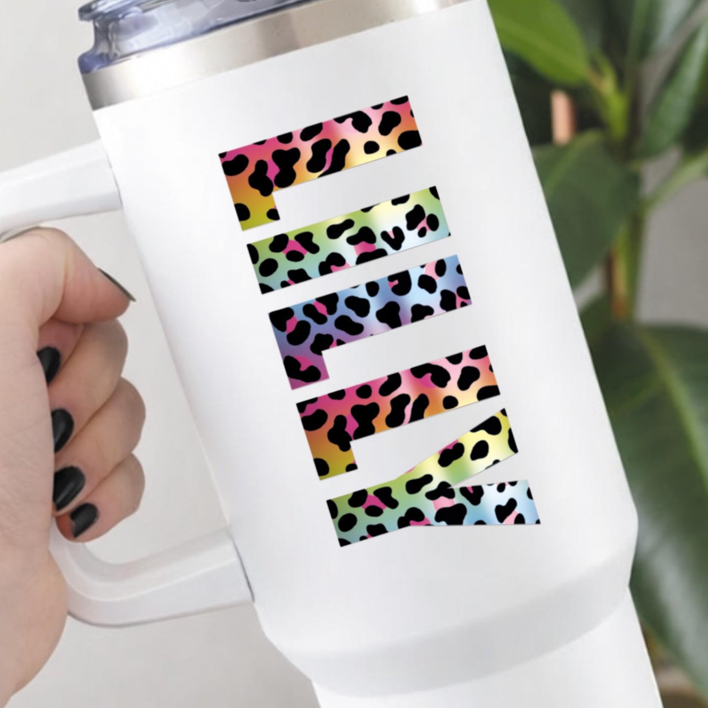 Personalised Name Sticker | Custom Rainbow Leopard Print Vinyl Name Decal | Waterproof Label for Bottle